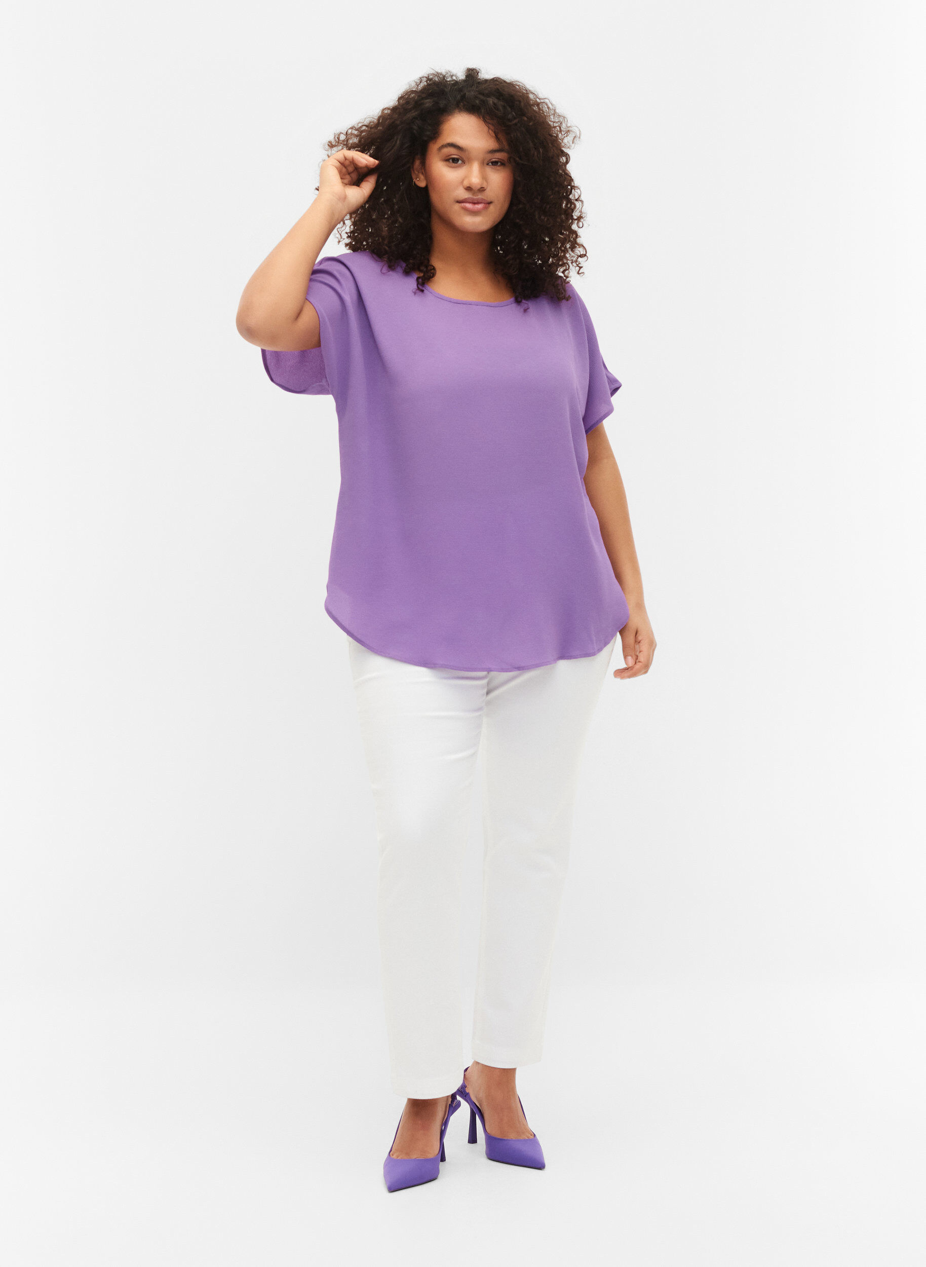 Zizzi Blouse &agrave; manches courtes et encolure ronde, Violet, Model image number 1