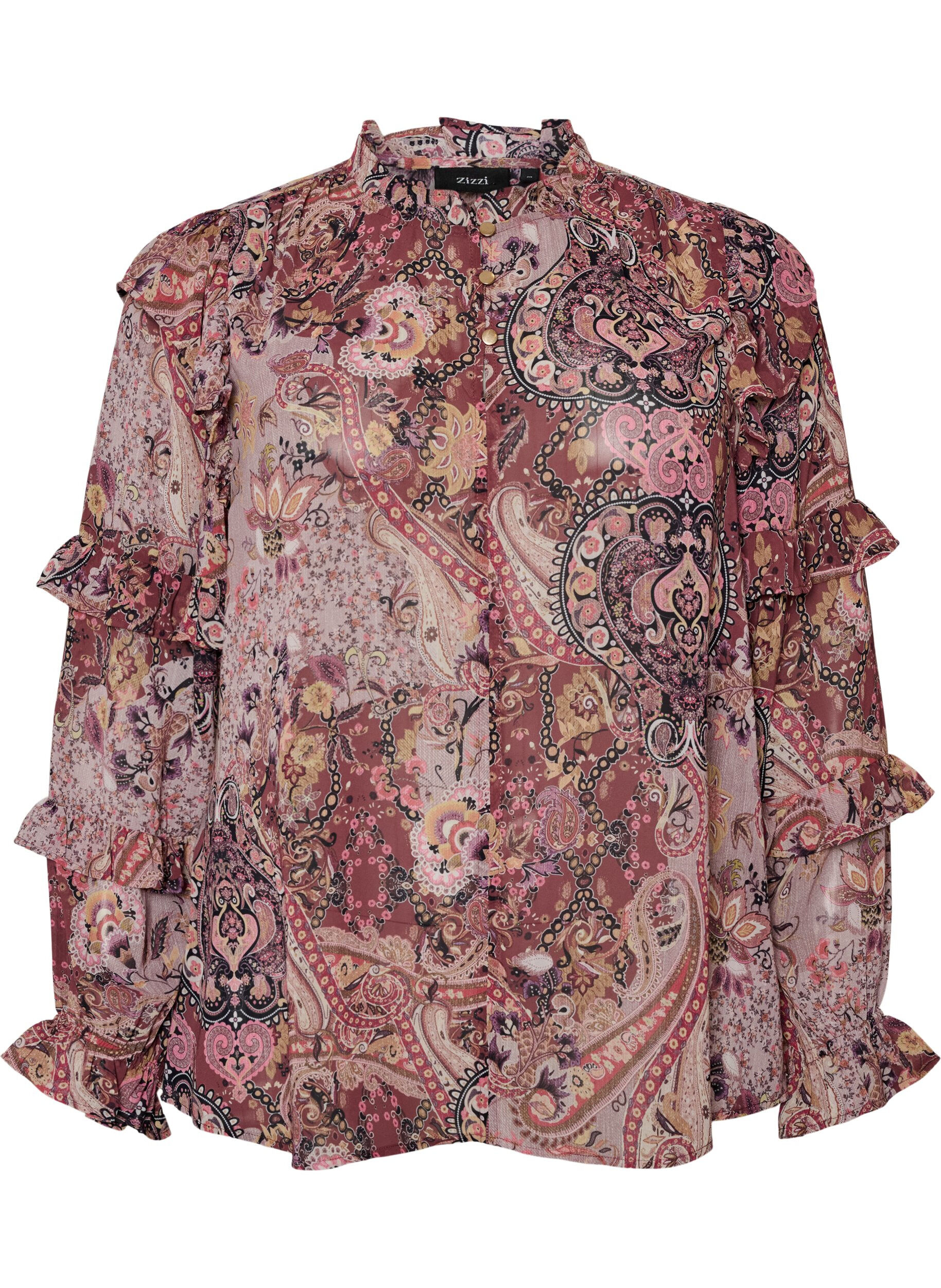 Blouse &agrave; imprim&eacute; cachemire et d&eacute;tails &agrave; volants