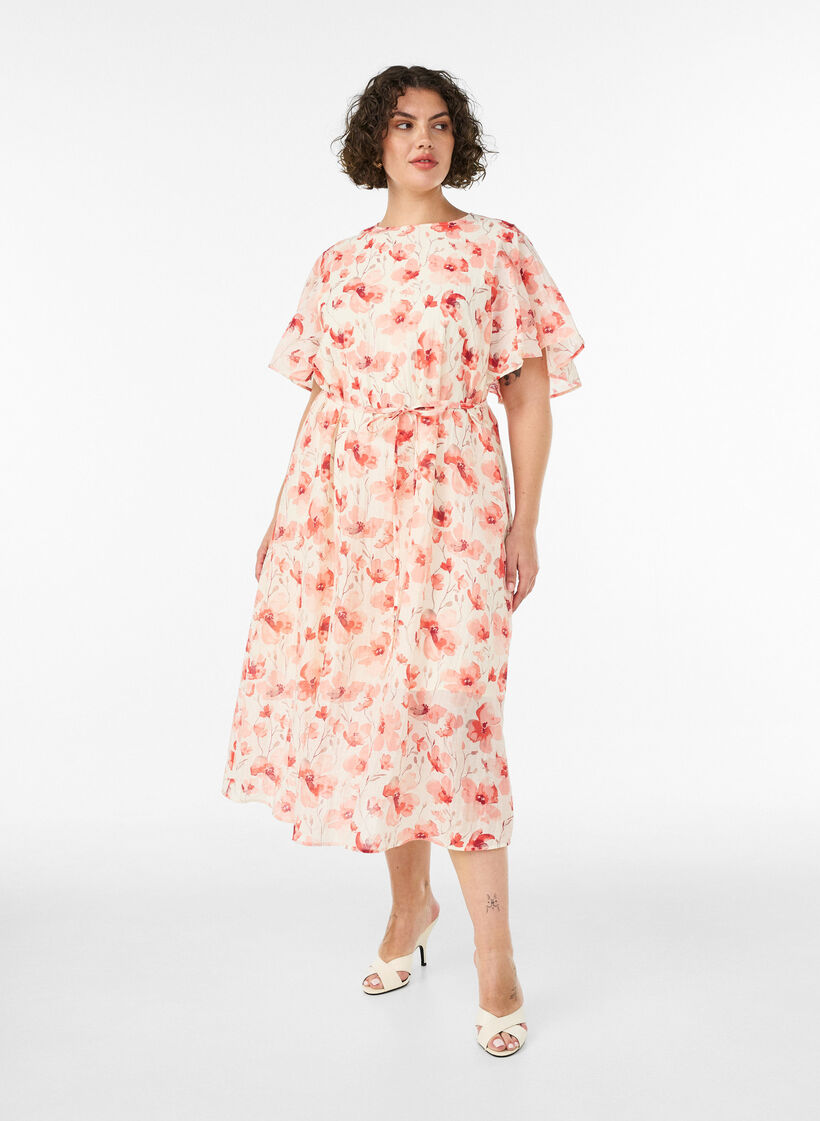 Kn&ouml;chellanges Kleid mit Fl&uuml;gel&auml;rmeln und Bindeg&uuml;rtel, Rot, Model image number 0