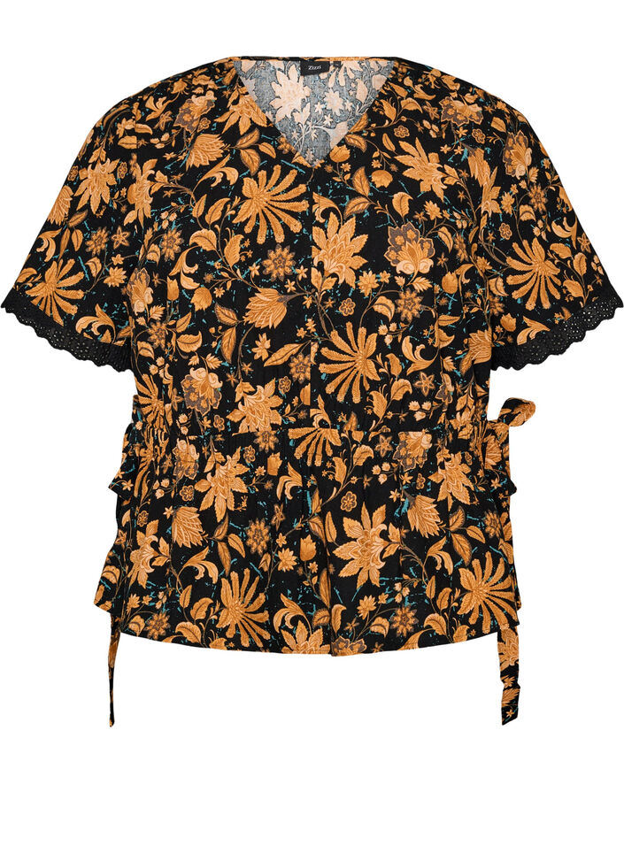 Blouse fleurie en coton avec lien &agrave; nouer, Orange, Packshot image number 0