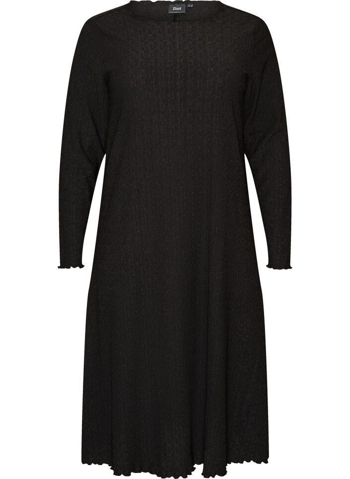 Robe midi avec une texture ondul&eacute;e et des manches longues, Noir, Packshot image number 0