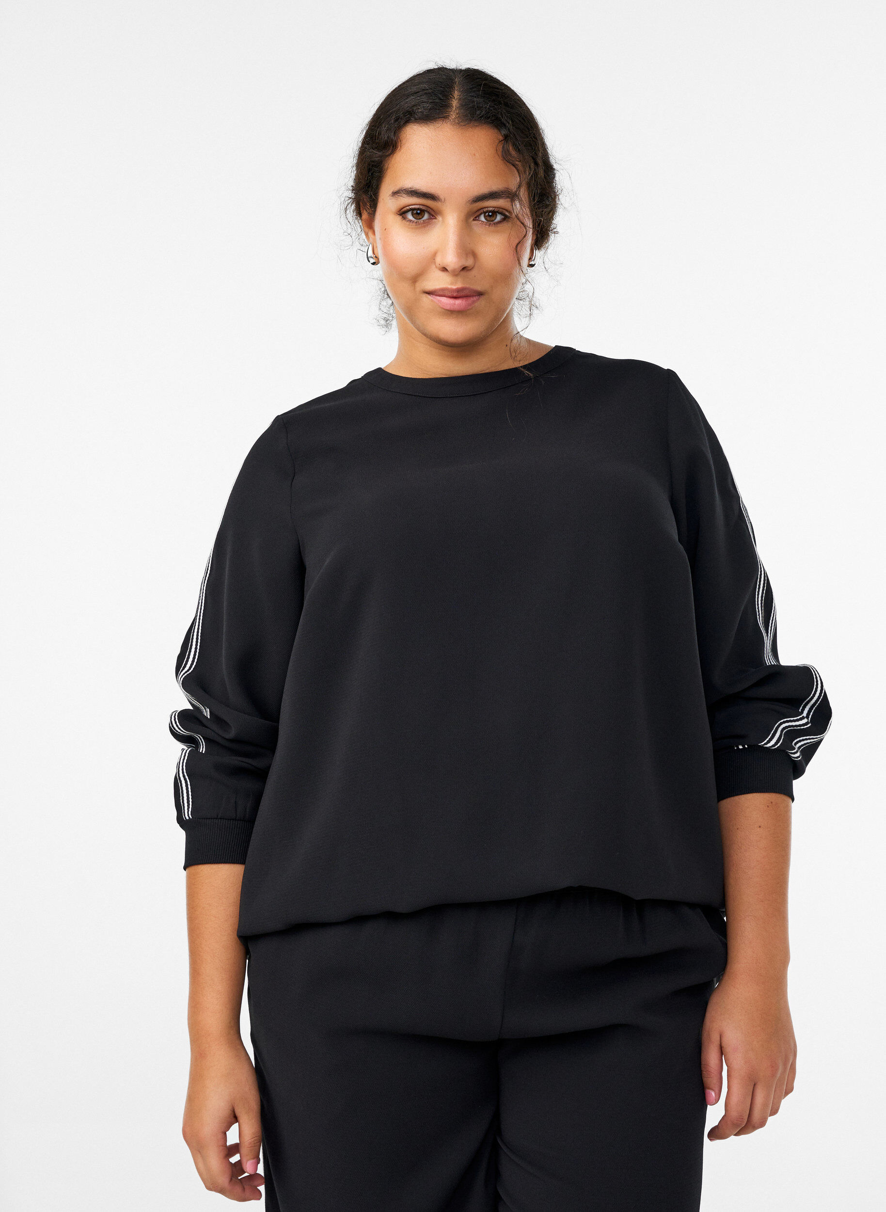 Blouse &agrave; bandes sur les manches, Noir, Model