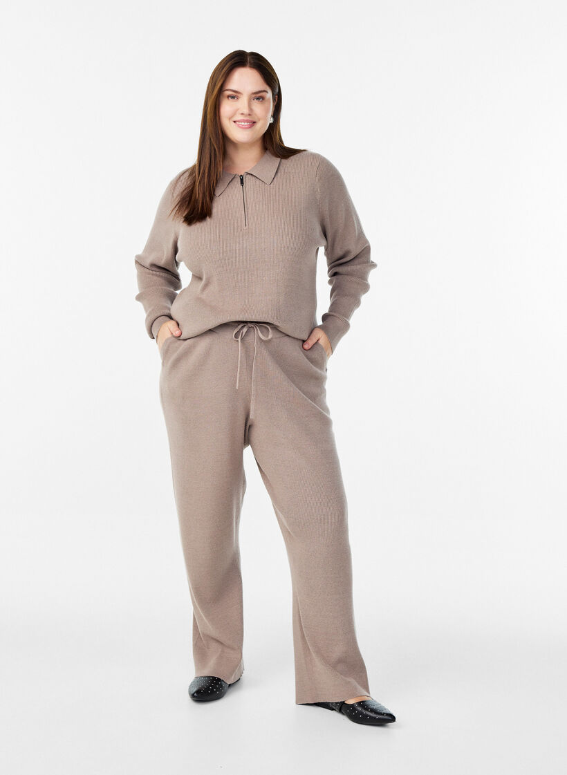 Hoch taillierte Hose aus Rippstrick mit geradem Bein, Beige, Model image number 0