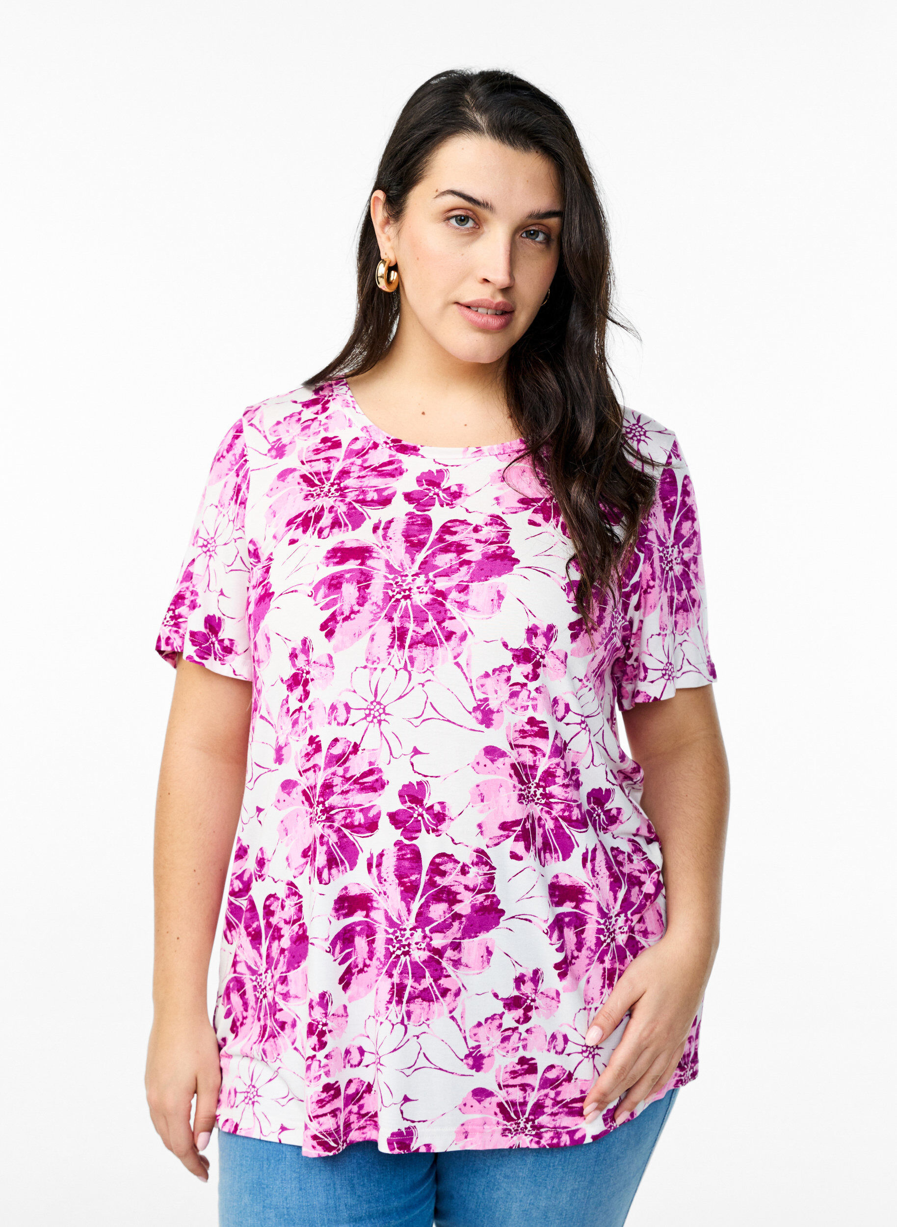 Zizzi T-Shirt mit floralem Print, Pink, Model image number 0