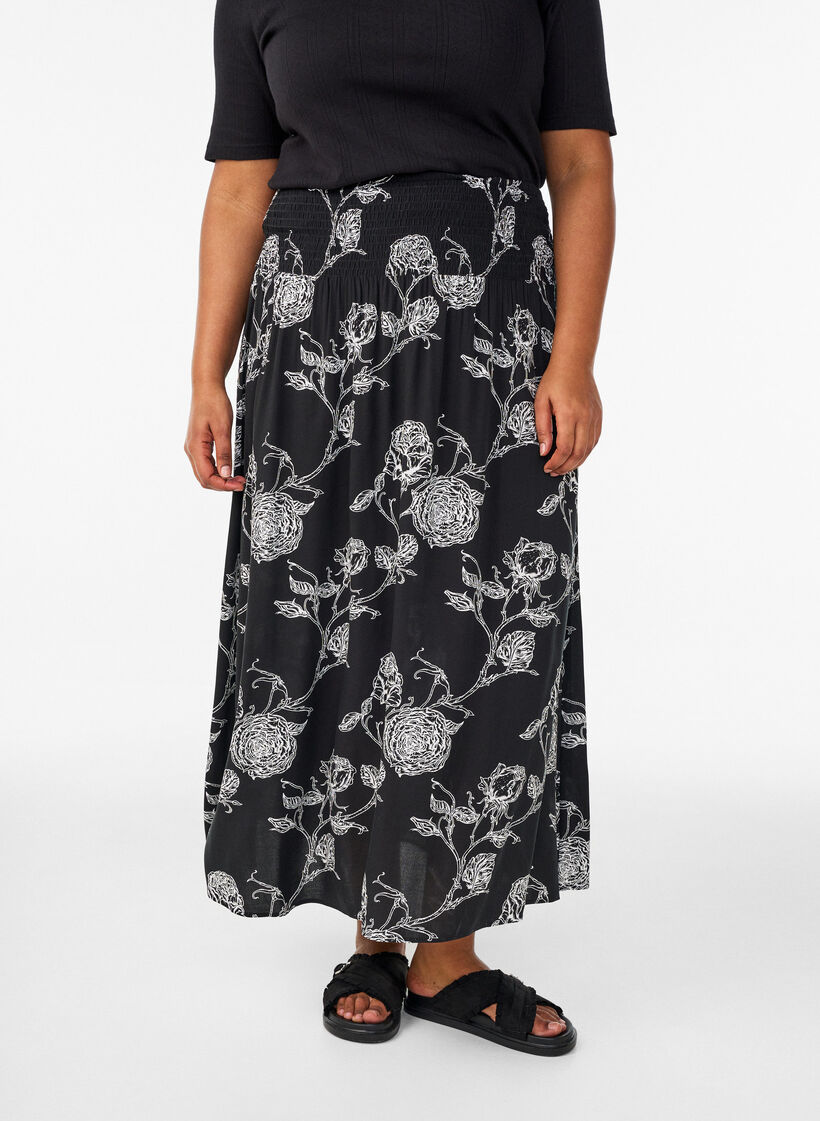 Jupe longue en viscose avec smocks, Noir, Model image number 2