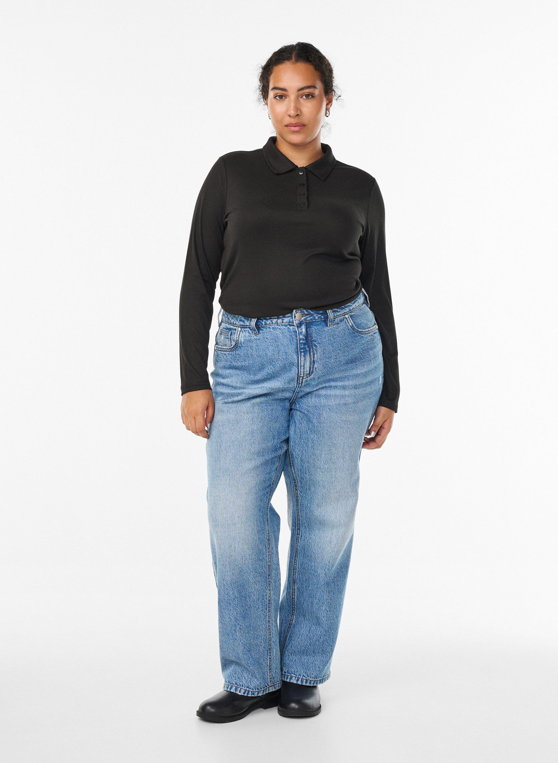 Zizzi Poloshirt aus weichem Ripp mit langen &Auml;rmeln, Schwarz, Model image number 1