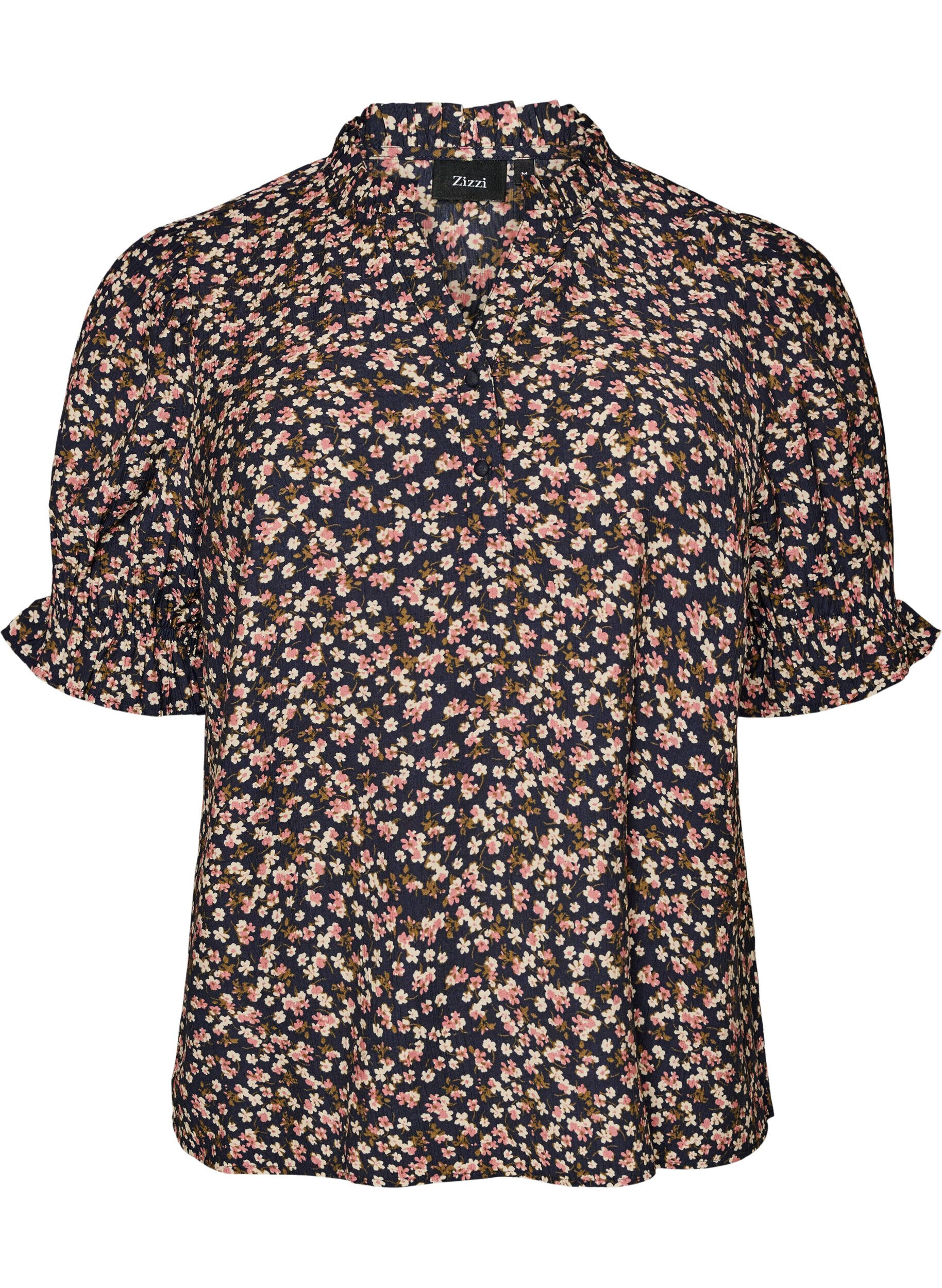 Blouse &agrave; imprim&eacute; floral en viscose avec manches courtes et d&eacute;tails smock&eacute;s