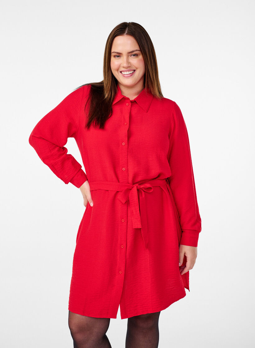 Hemdblusenkleid mit Bindegürtel und langen Ärmeln, Rot, Model image number 0