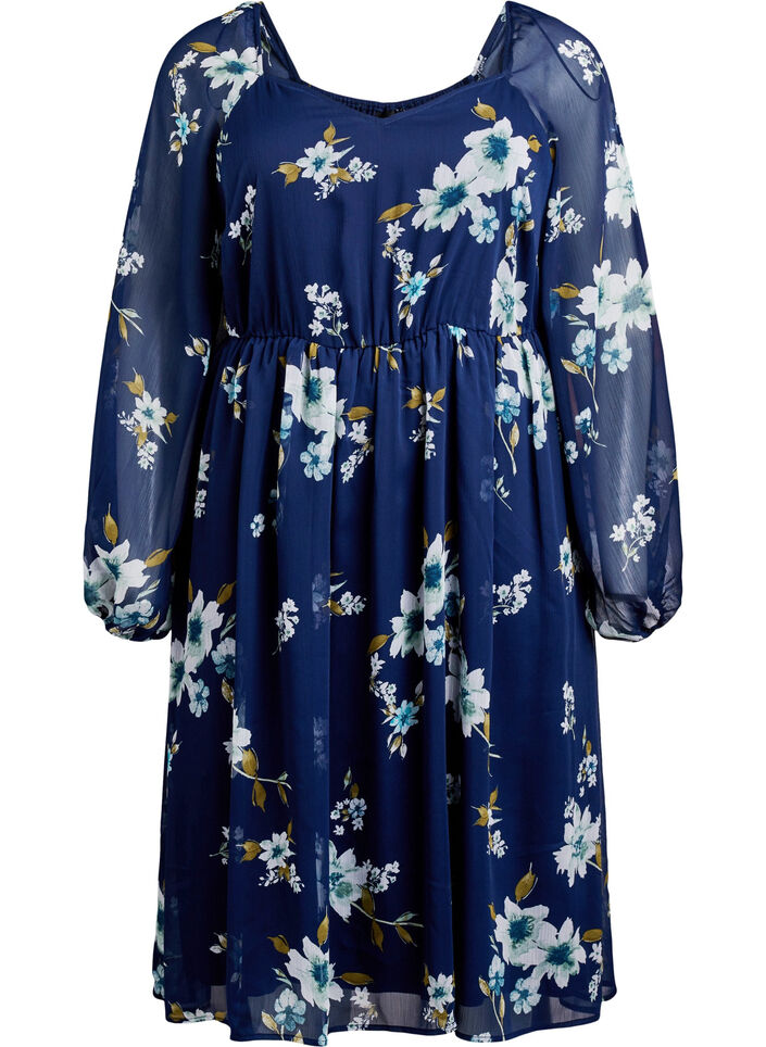 Robe de soir&eacute;e en mousseline &agrave; manches longues, Bleu, Packshot image number 0