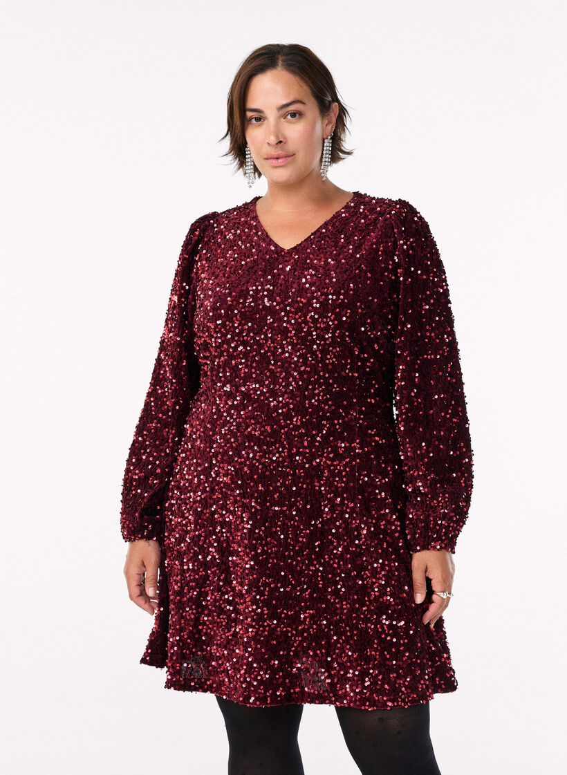 Robe courte évasée à sequins, Rouge, Model image number 0