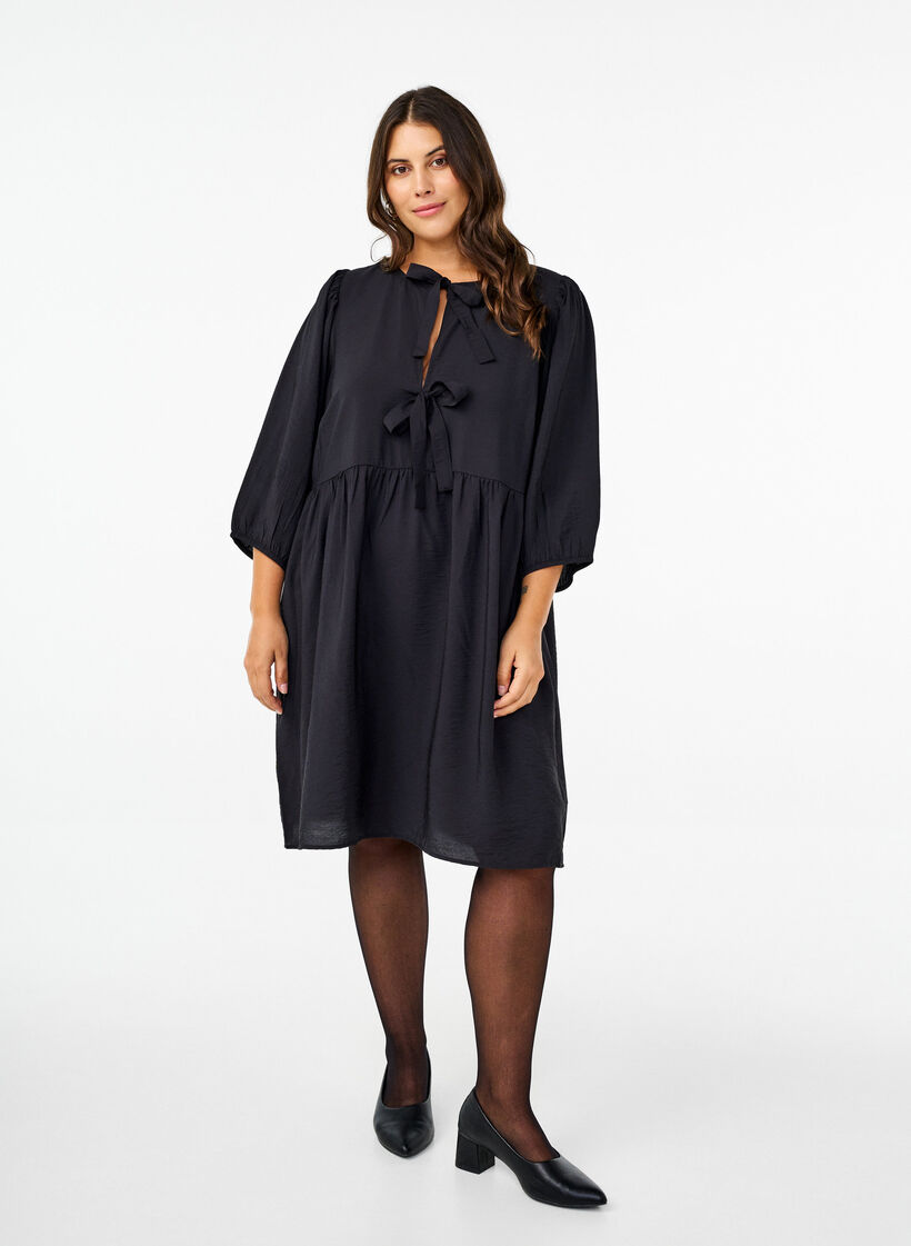Robe avec décoration nœuds et manches 3/4, Black, Model image number 2