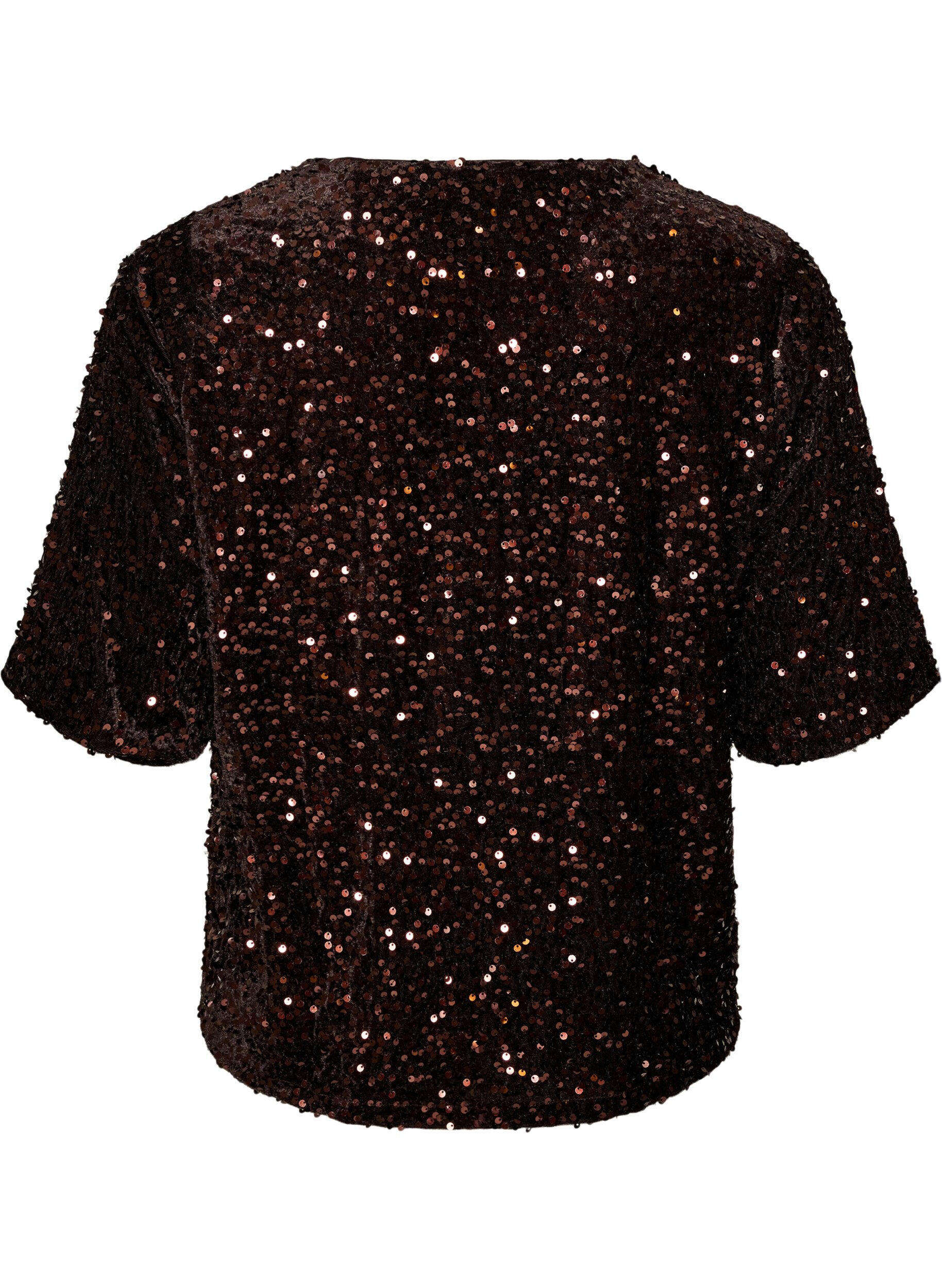 ZizziBluse mit Pailletten und ellenbogenlangen &Auml;rmeln, Braun, Packshot image number 1