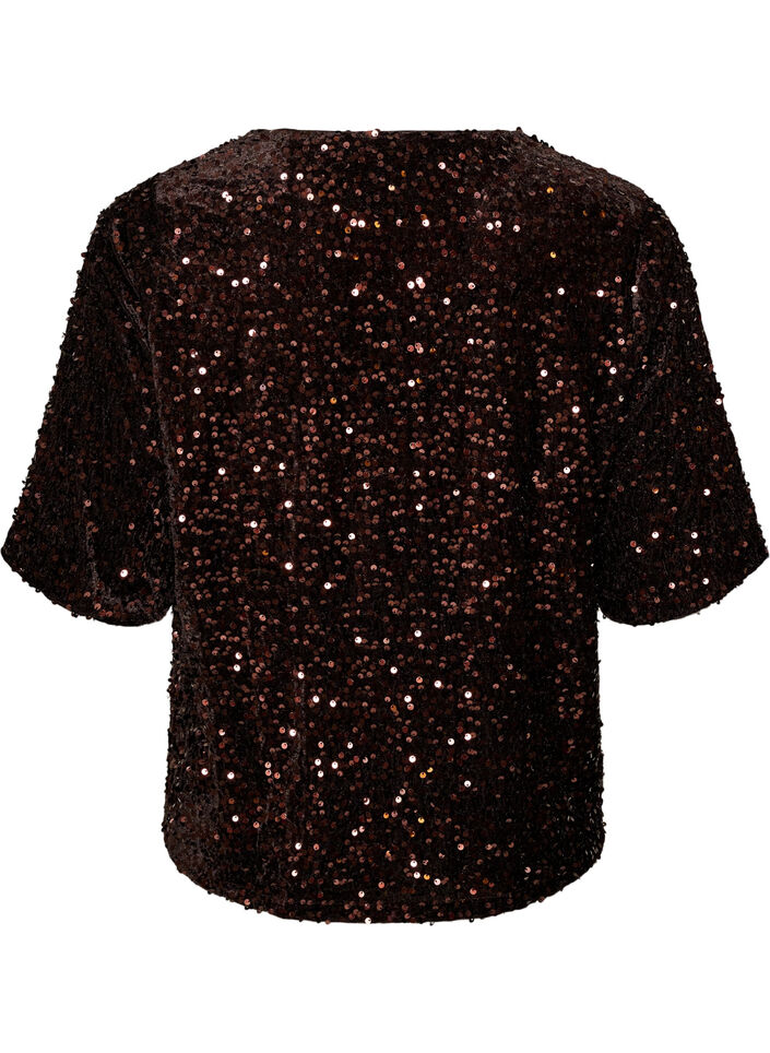 Bluse mit Pailletten und ellenbogenlangen &Auml;rmeln, Braun, Packshot image number 1