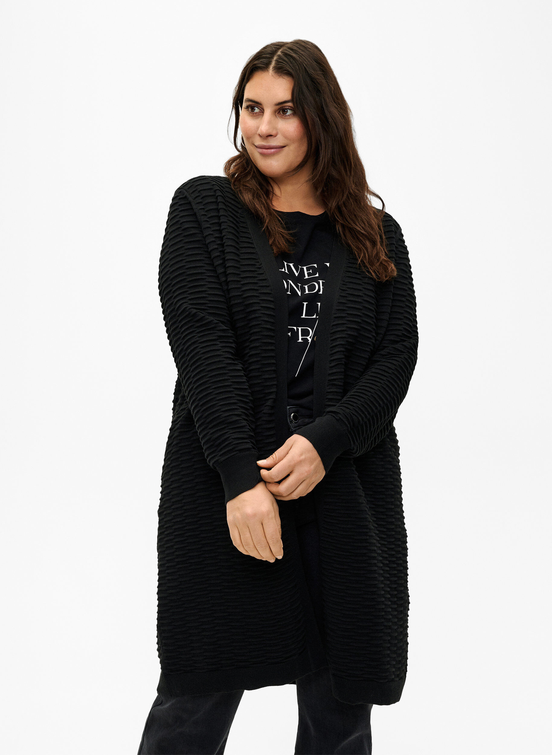 Zizzi Cardigan en tricot en m&eacute;lange de coton et de viscose, Black, Model image number 0