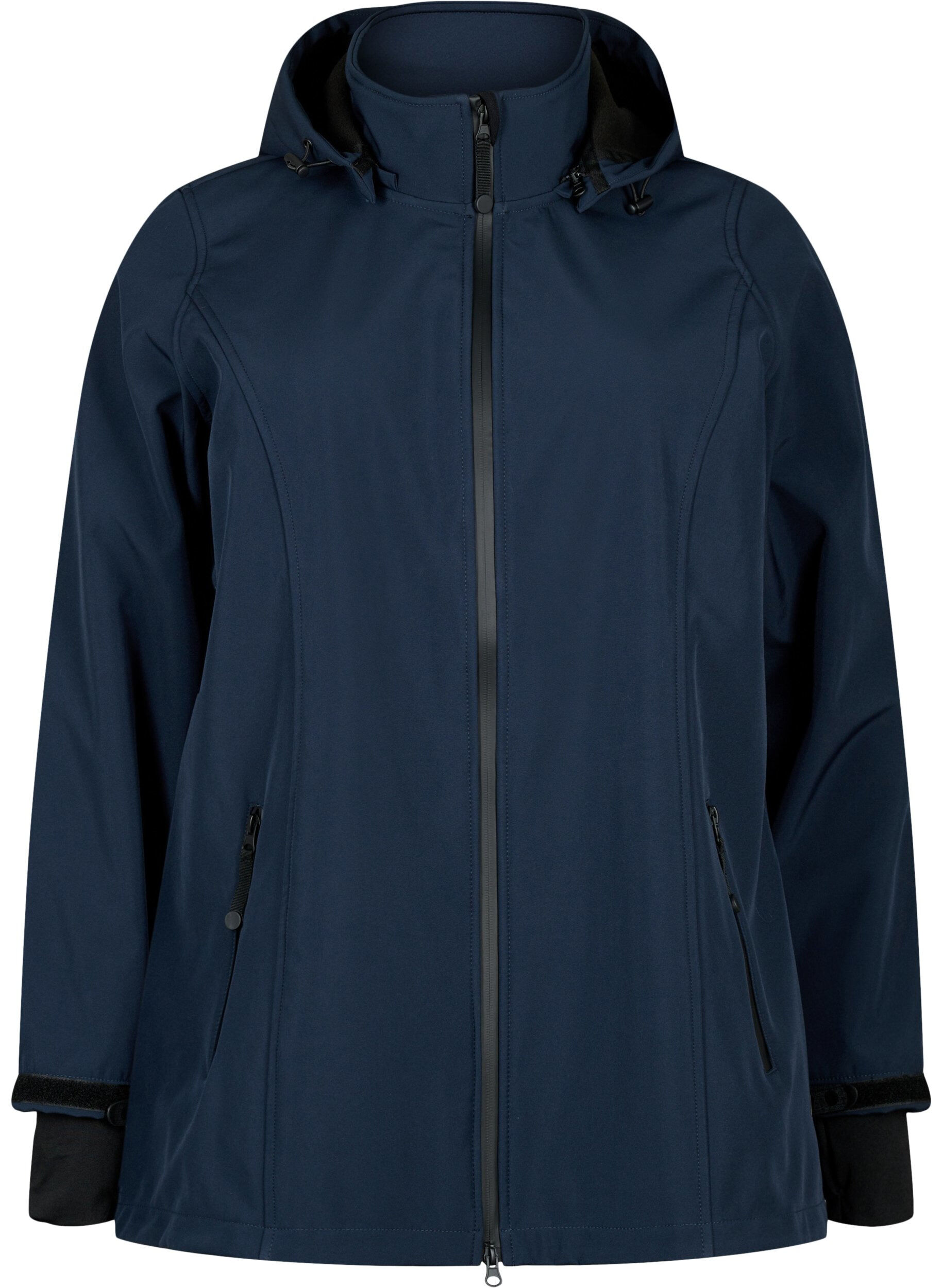Zizzi Softshelljacke aus kurzem Schnitt mit abnehmbarer Kapuze, Blau, Packshot image number 0