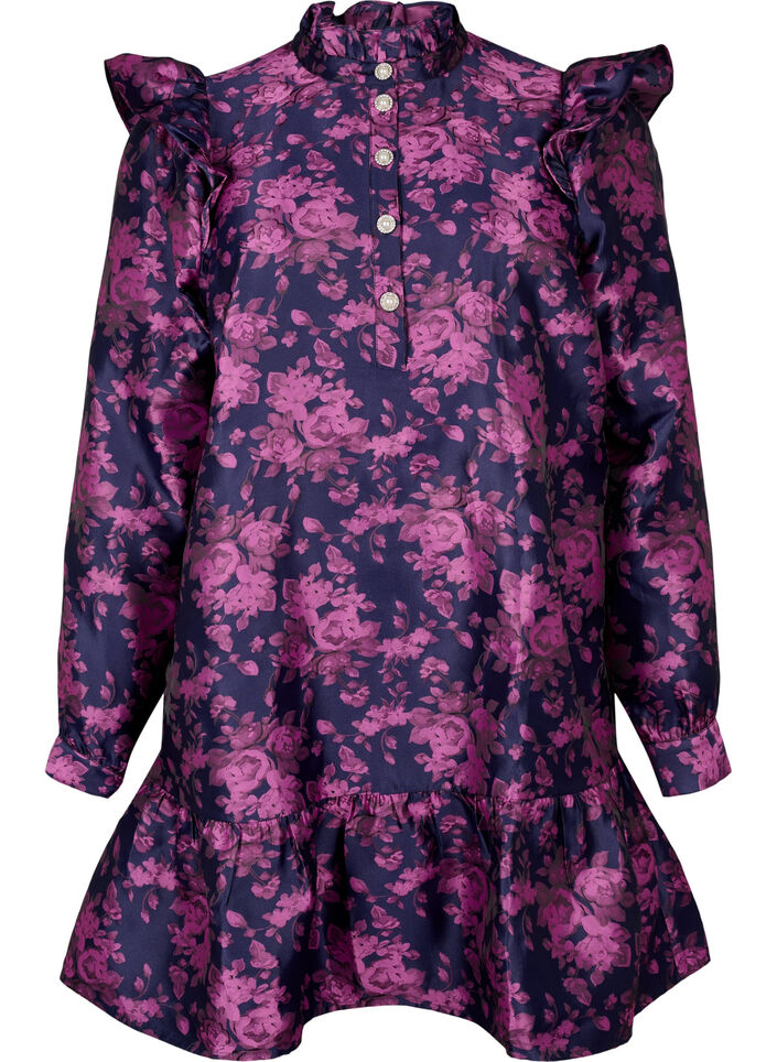 Robe avec détail de volant et boutons de perles, Dark Blue Pink, Packshot image number 0