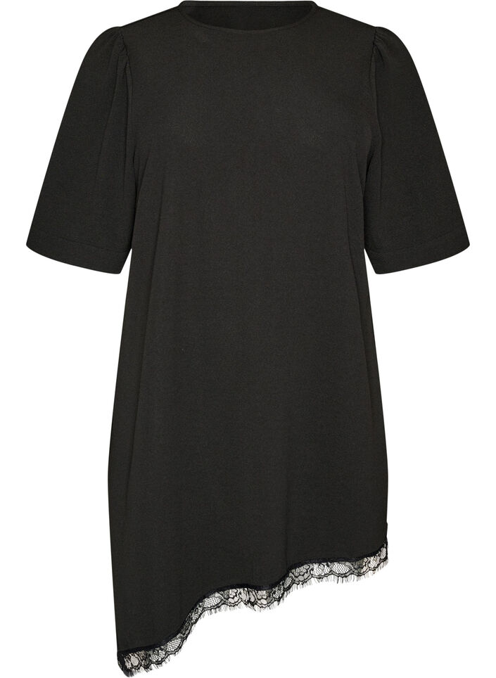 Tunique avec bordure en dentelle asym&eacute;trique, Noir, Packshot image number 0