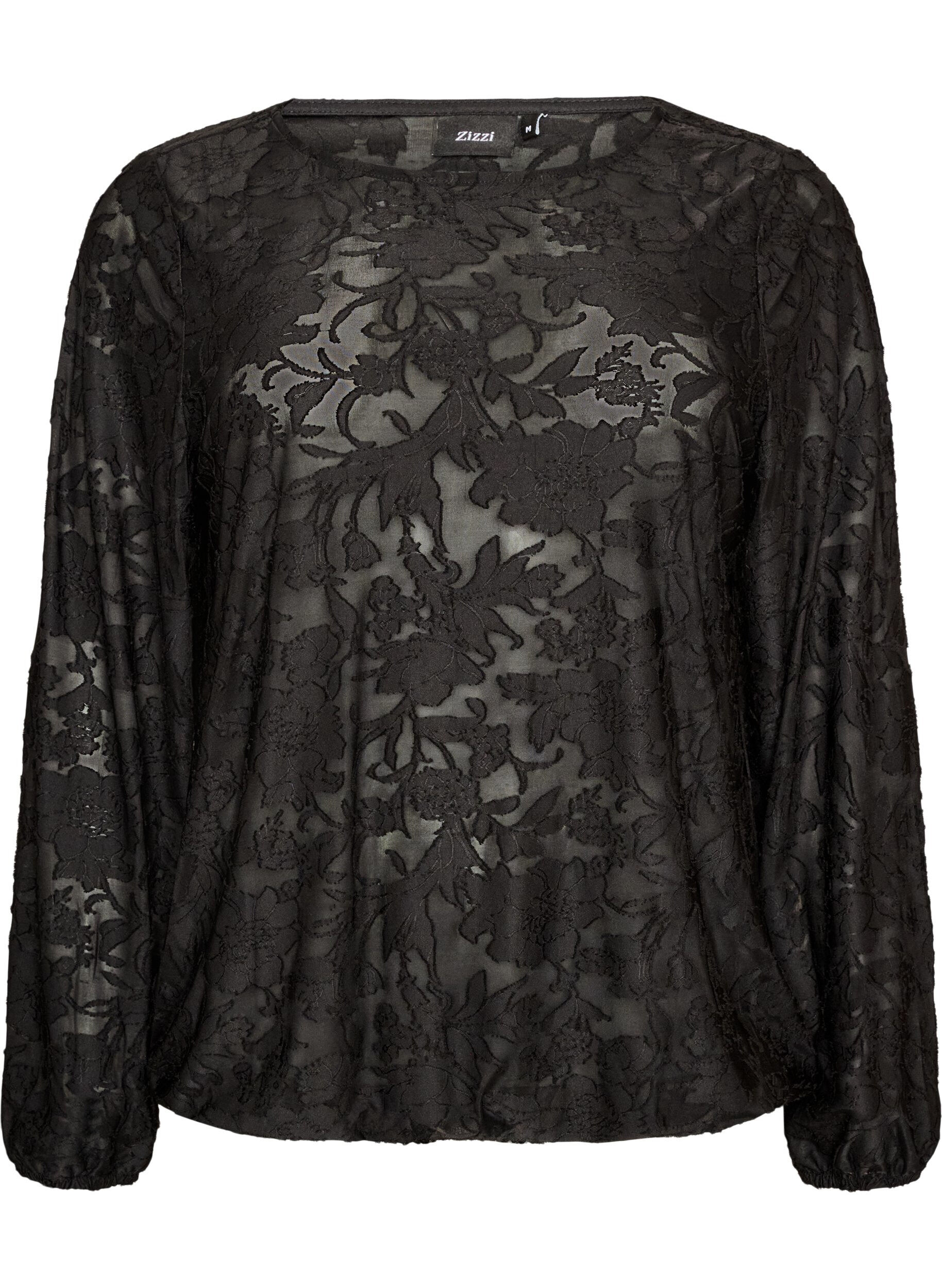 Transparente Bluse mit floraler Struktur und langen &Auml;rmeln