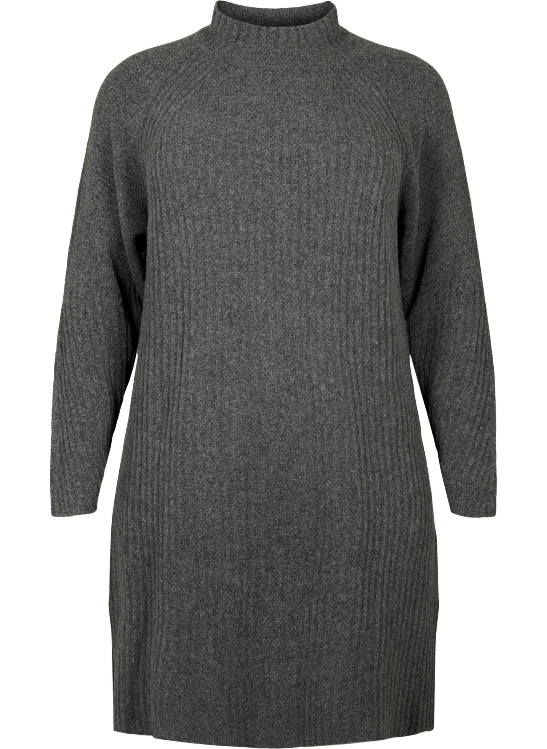 Zizzi Geripptes Strickkleid mit Rollkragen, Dark Grey Melange, Packshot image number 0