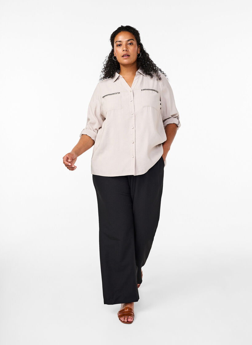 Chemise ornée de clous et dotée de manches 3/4, Beige, Model image number 1