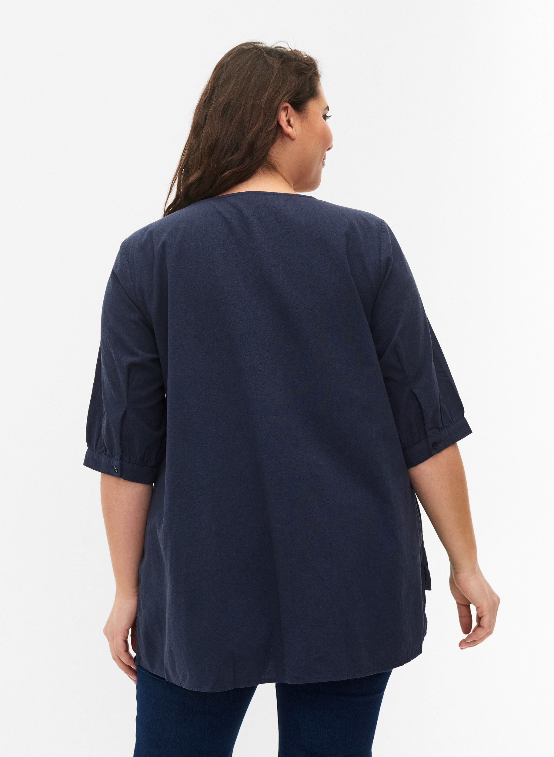 Zizzi FLASH - Bluse aus Baumwolle mit halblangen &Auml;rmeln, Navy Blazer, Model image number 1