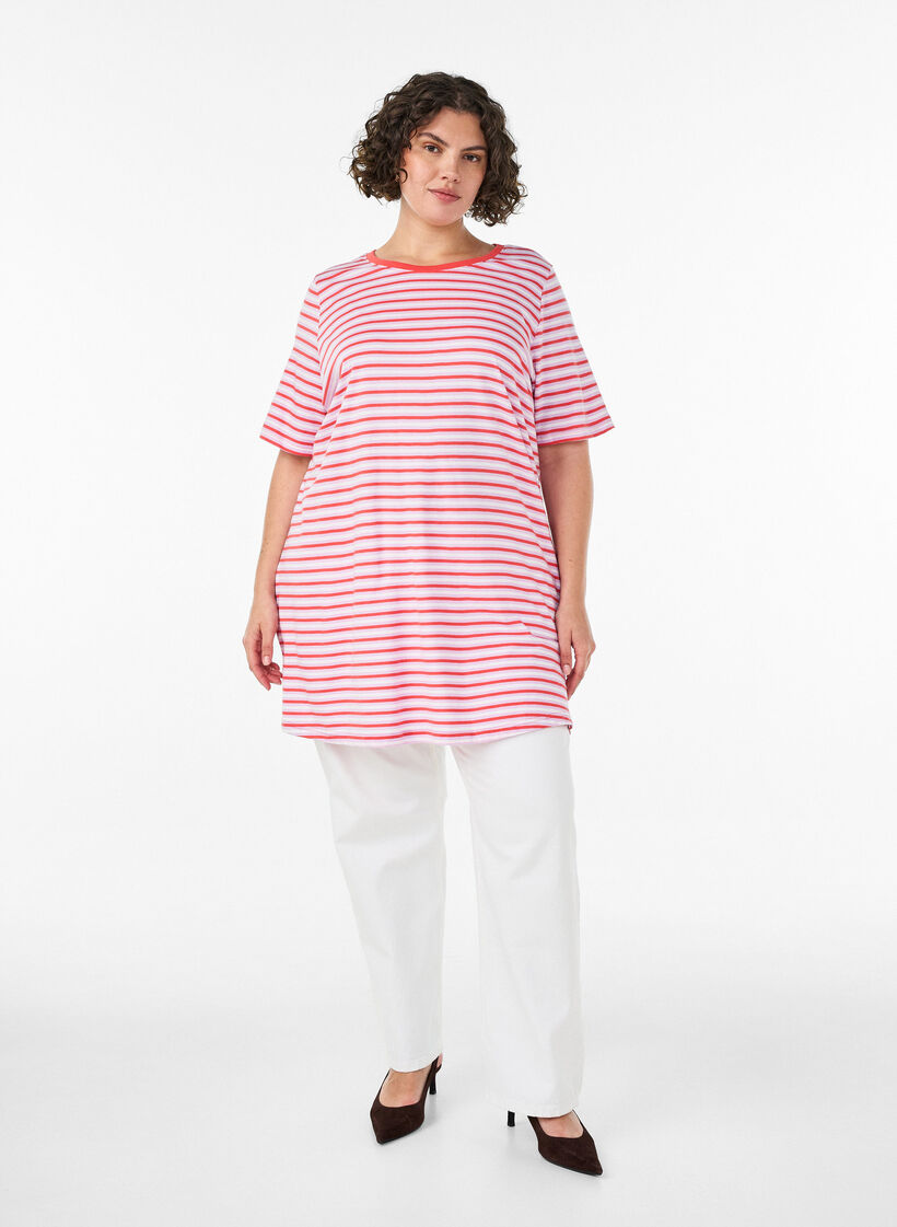 T-shirt long oversize ray&eacute; en coton bio, Violet, Model image number 1