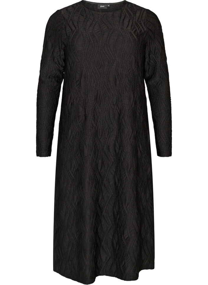 Midikleid mit gewellter Struktur und langen &Auml;rmeln, Schwarz, Packshot image number 0