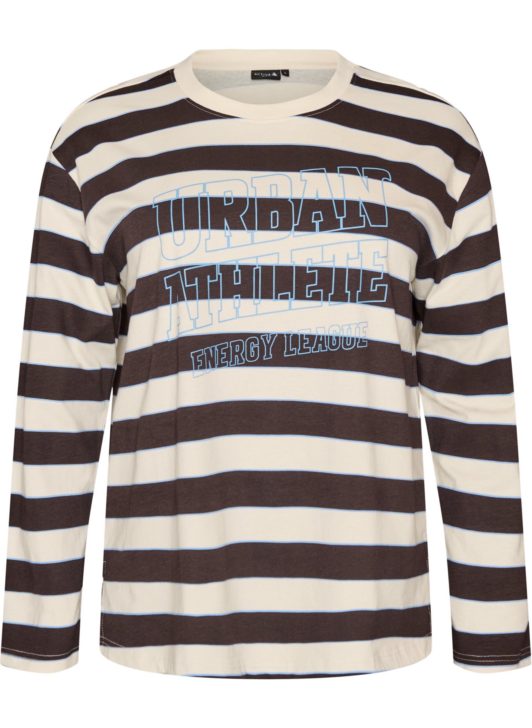 ZizziGestreifte Bluse aus Jersey mit sportlichem Textprint, Braun, Packshot image number 0