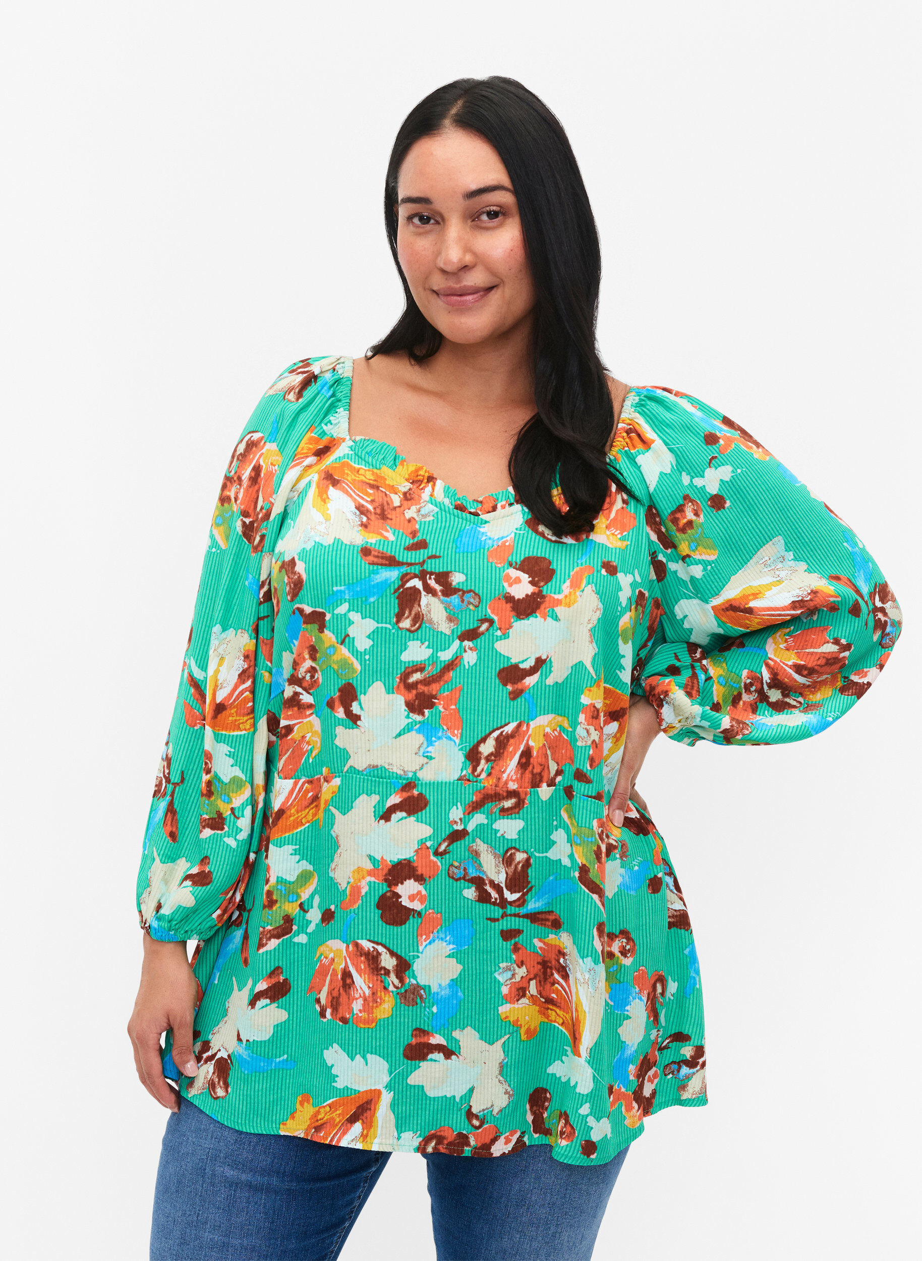 Zizzi Gedruckte Viskosebluse mit 3/4 &Auml;rmeln, Gr&uuml;n, Model image number 0