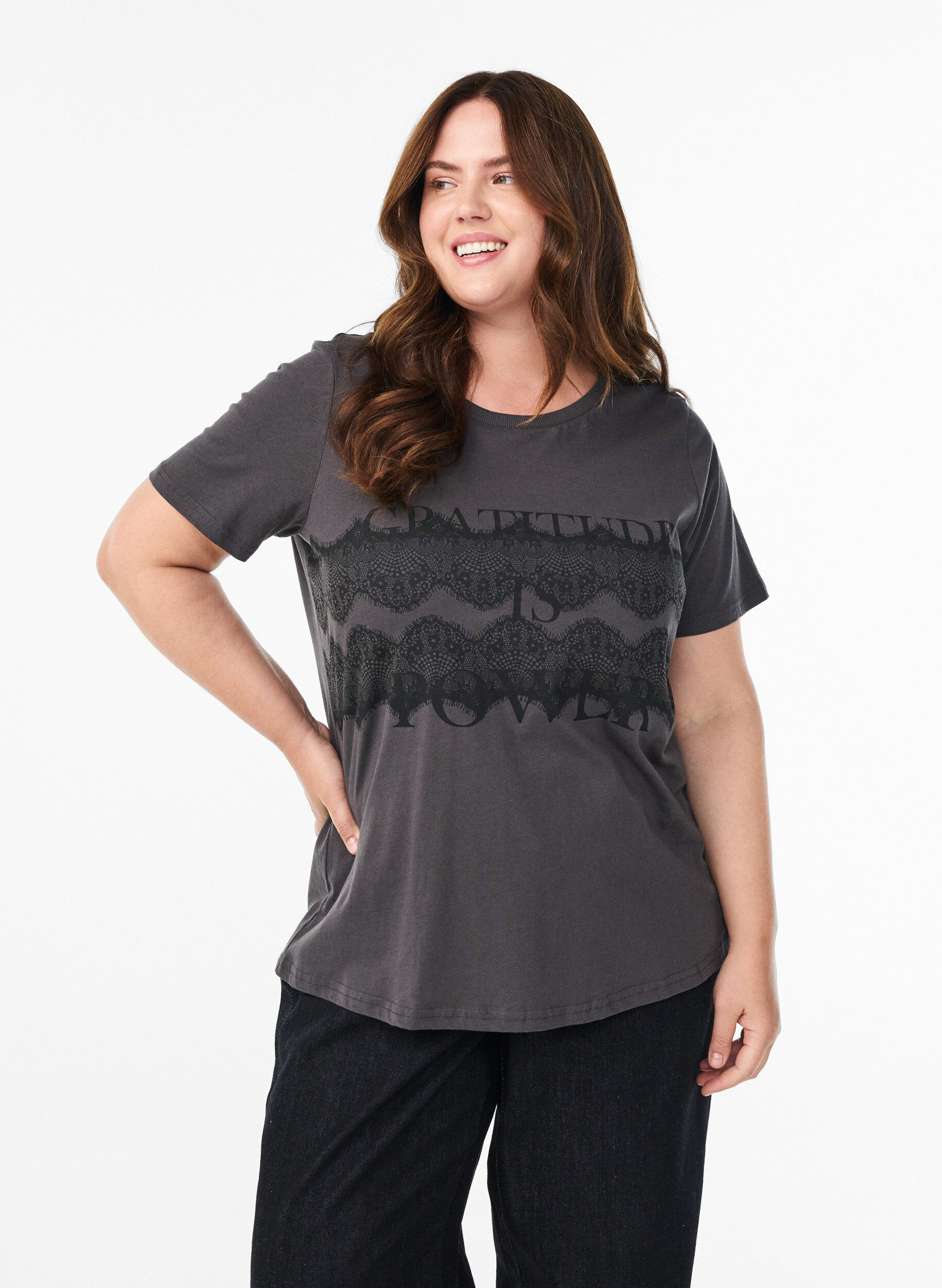 T-shirt en coton avec imprim&eacute; sur le devant, Gris anthracite, Model