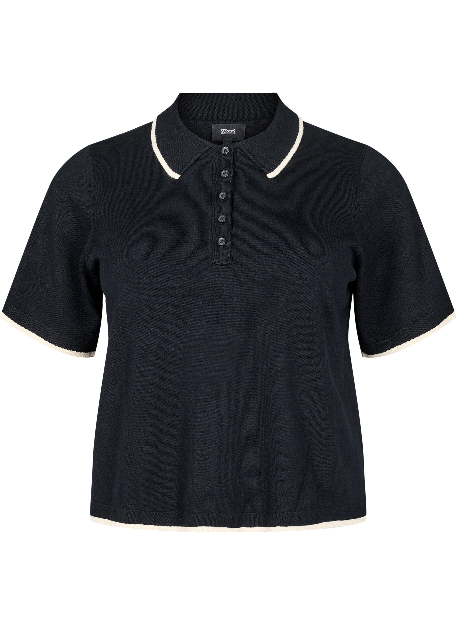 Zizzi Fein gestricktes Poloshirt mit Kontrastbesatz, Schwarz, Packshot image number 0
