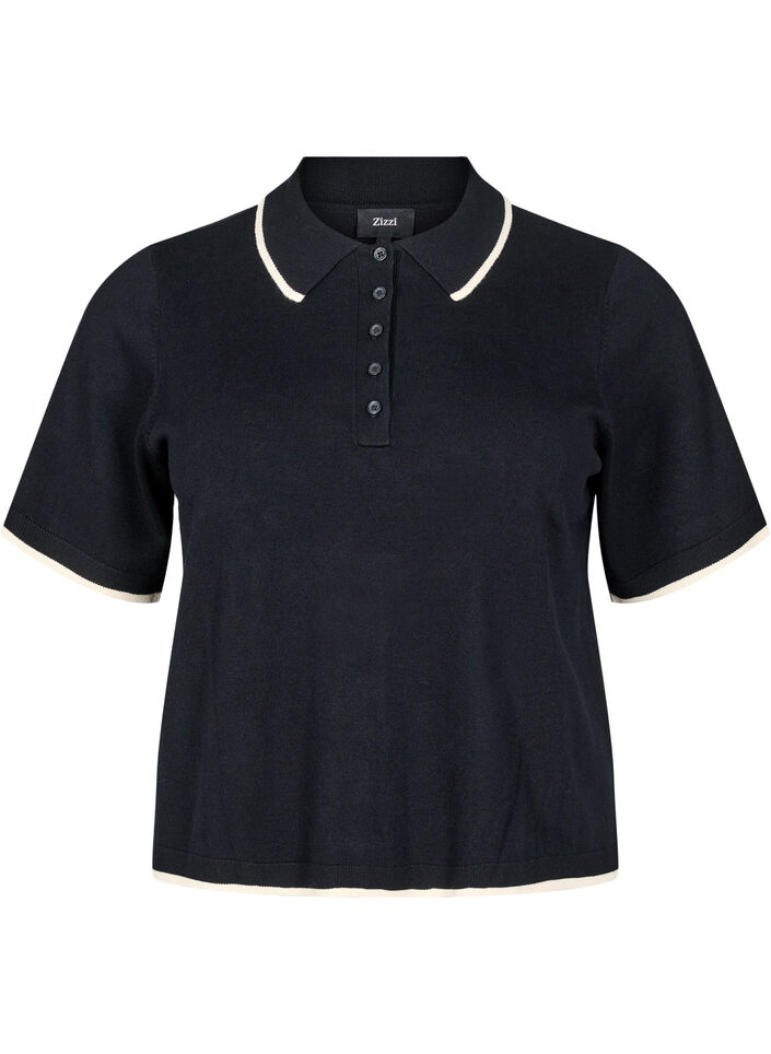 Fein gestricktes Poloshirt mit Kontrastbesatz, Schwarz, Packshot image number 0