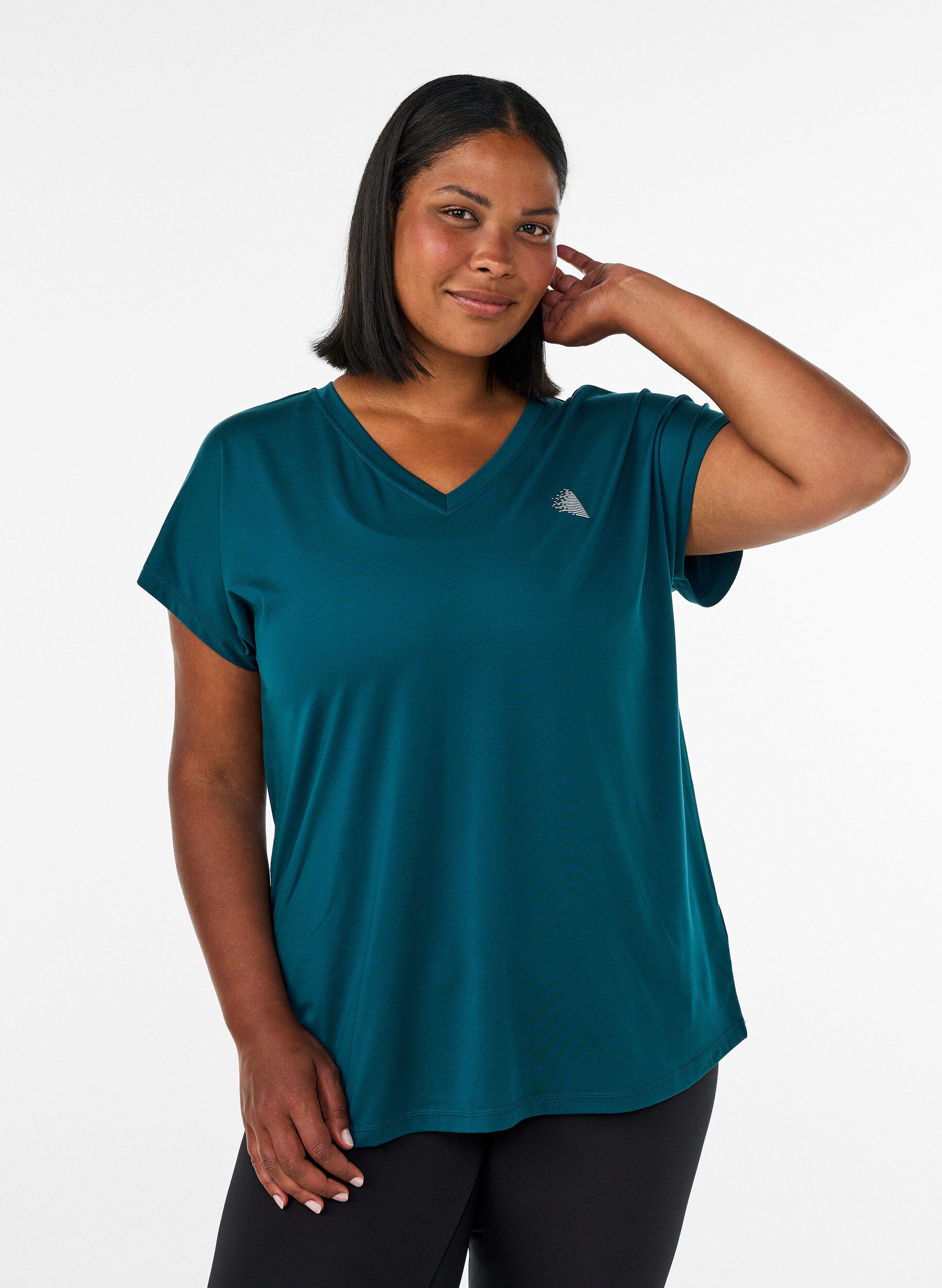 T-shirt d&rsquo;entra&icirc;nement ample avec col en V, Vert fonc&eacute;, Model