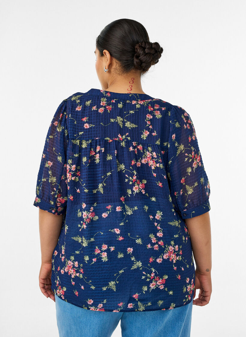 Blouse &agrave; imprim&eacute; floral et col V, Bleu, Model image number 2