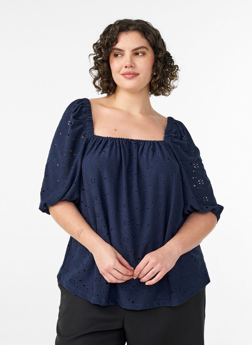 Blouse &agrave; manches courtes bouffantes et motif ajour&eacute;, Bleu, Model image number 0