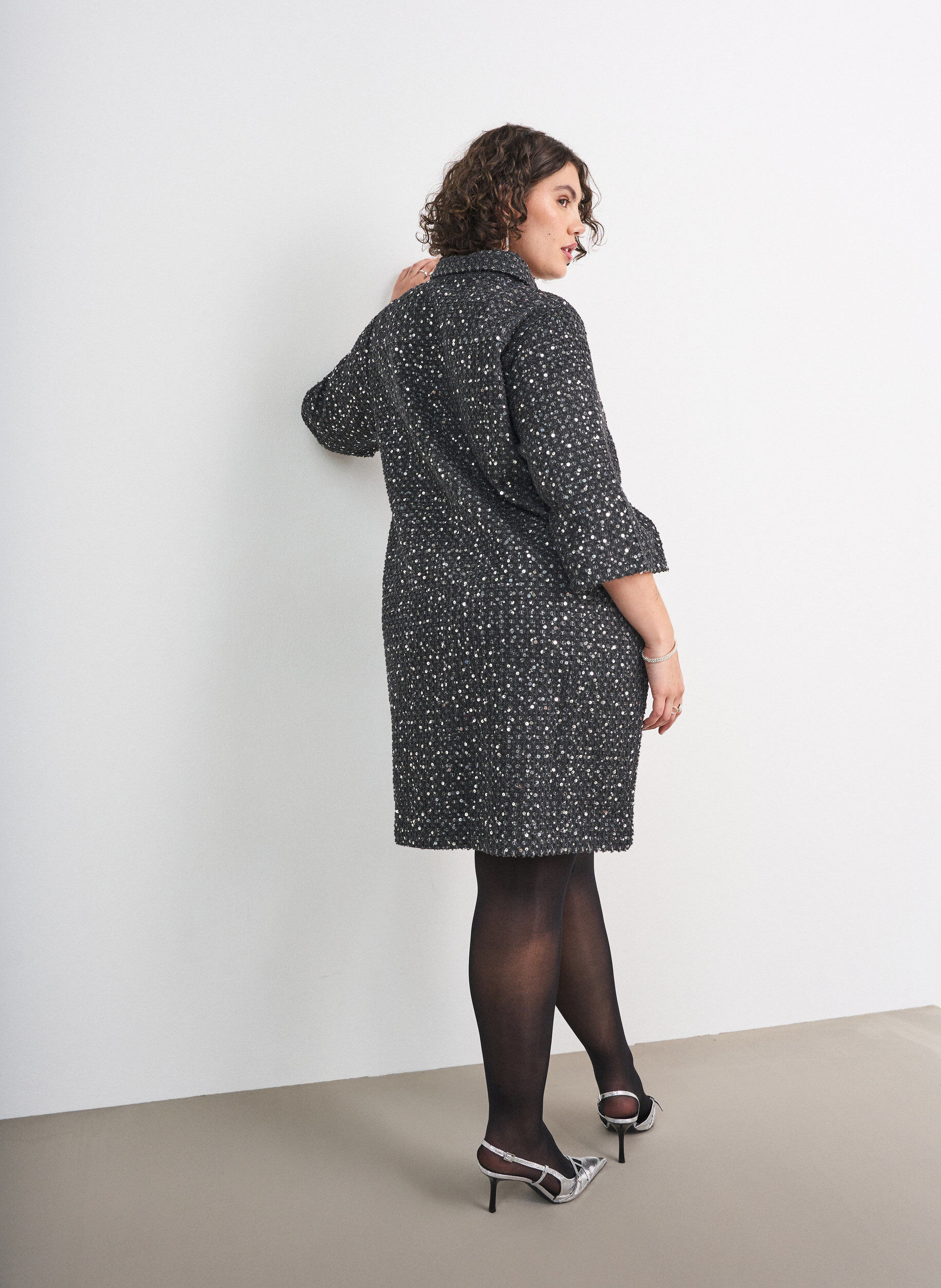 ZizziRobe en denim avec sequins et manches 3/4, Noir, Model image number 2