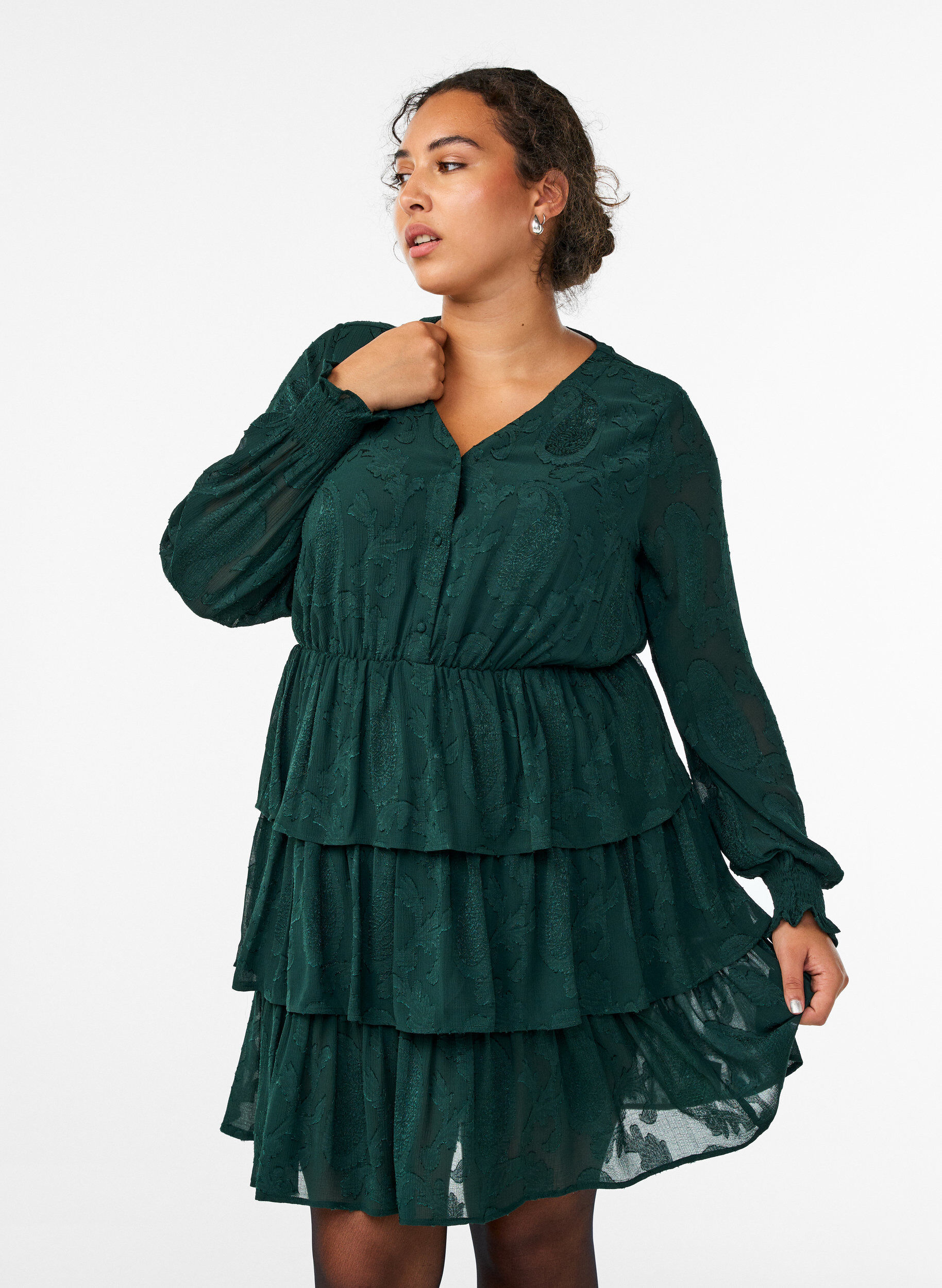 ZizziKurzes Kleid mit R&uuml;schen und Strukturmuster, Gr&uuml;n, Model image number 0