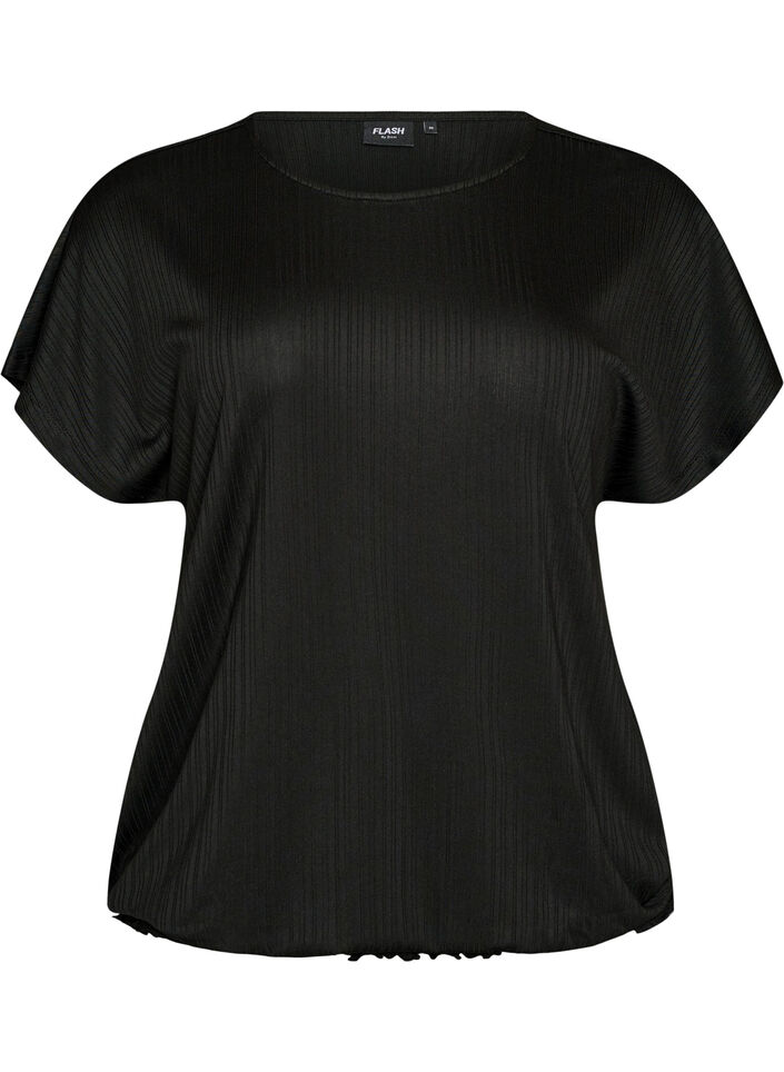 Blouse en jersey avec rayures textur&eacute;es et ourlet smock&eacute;, Noir, Packshot image number 0