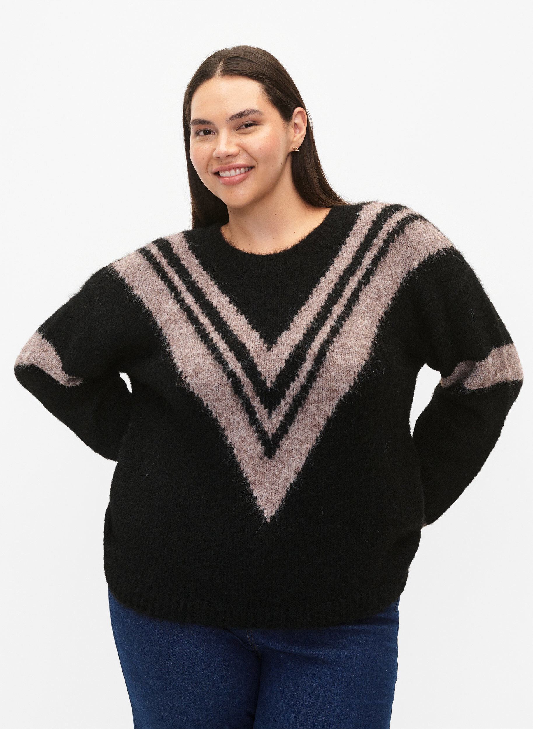 Zizzi Pull en tricot avec des d&eacute;tails ray&eacute;s, Black Comb, Model image number 0