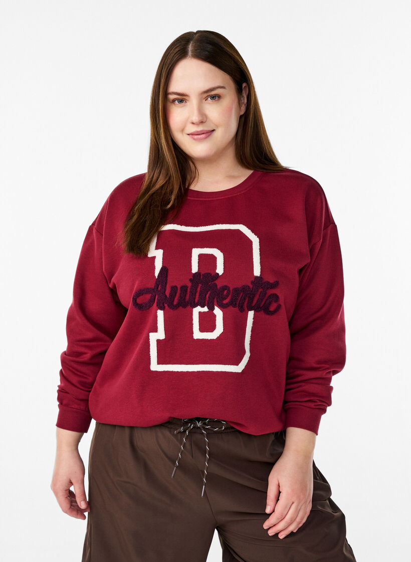 Sweat avec inscription en bouclette, Bordeaux fonc&eacute;, Model image number 0