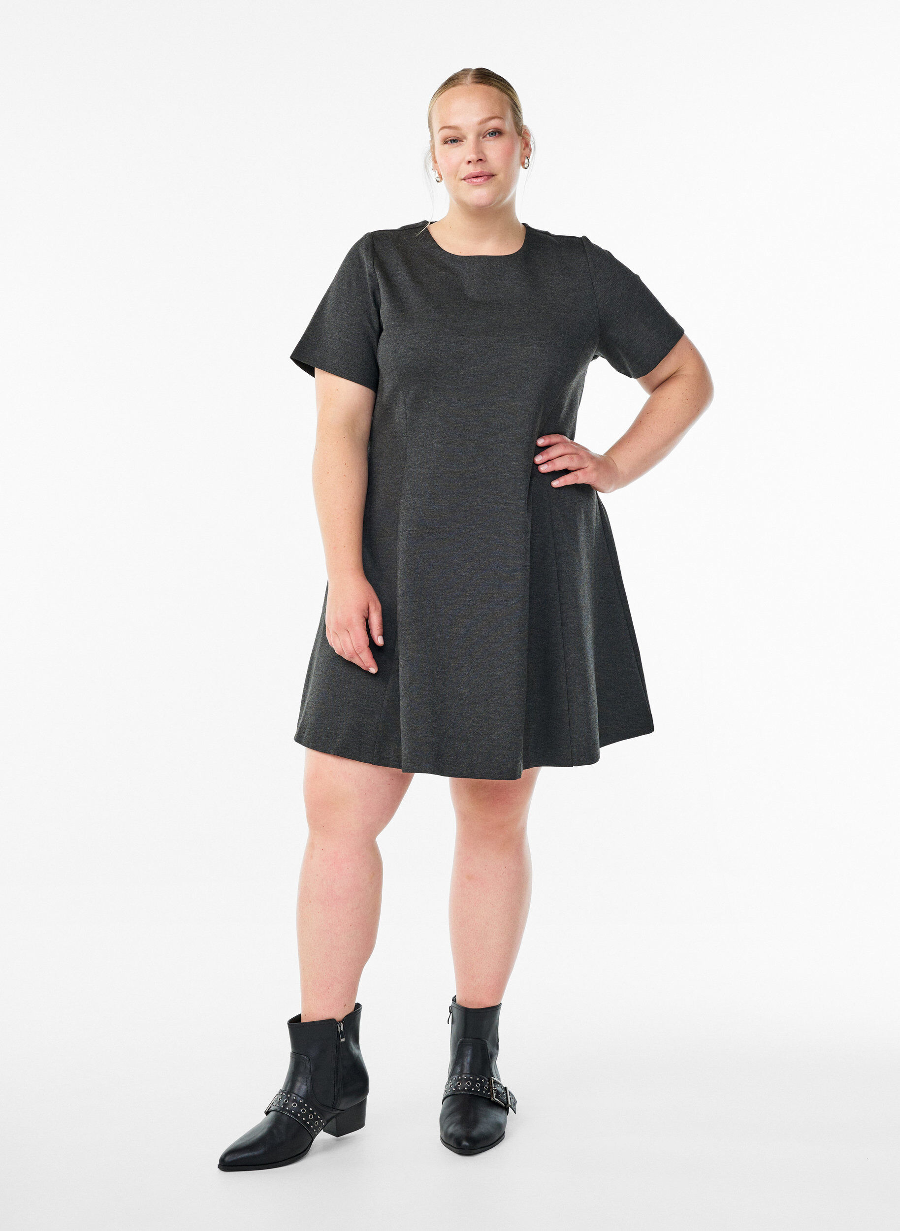 Zizzi Kurzes A-Linien Kleid aus Jersey, Grau, Model image number 1