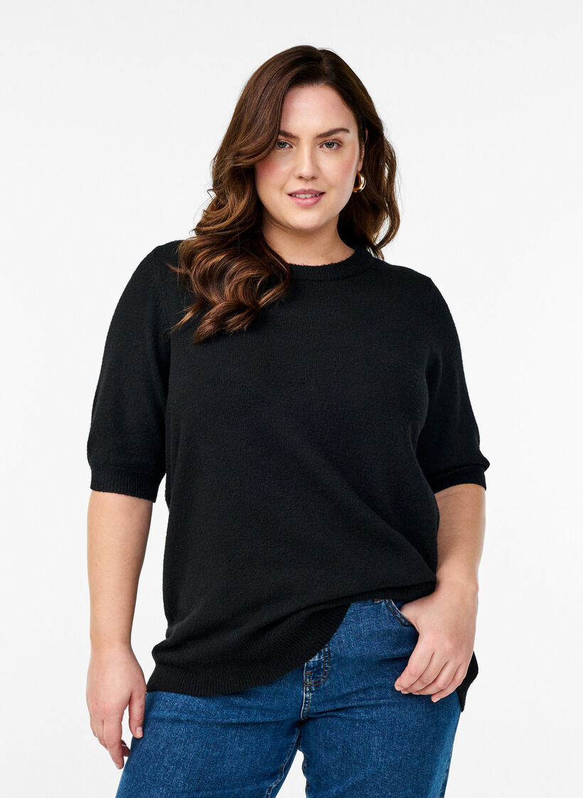 Bluse aus Strick mit kurzen Ärmeln, Schwarz, Model image number 0