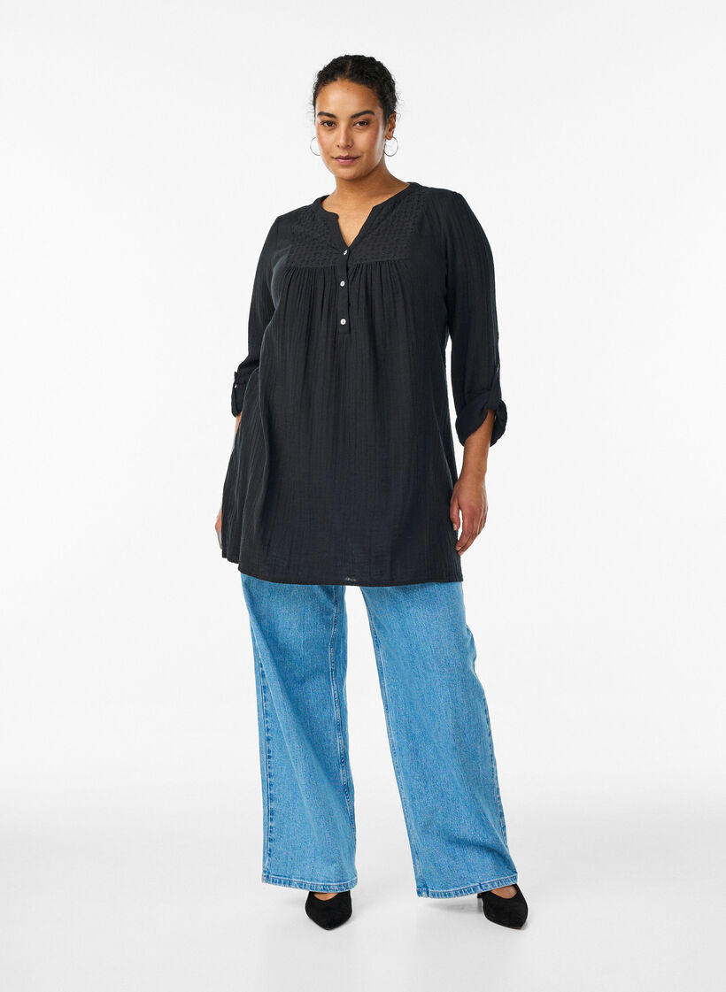 Tunique en mousseline de coton avec broderie anglaise, Noir, Model image number 1