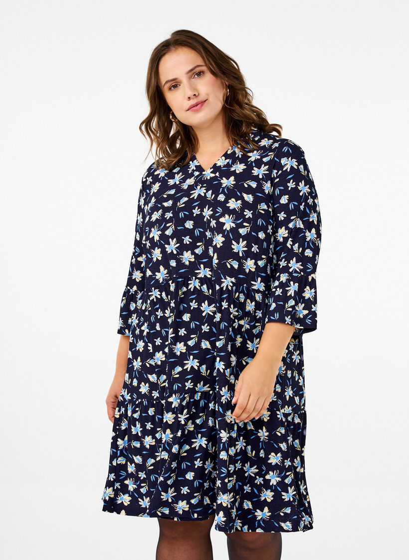 Robe courte évasée à imprimé floral, Bleu, Model image number 0