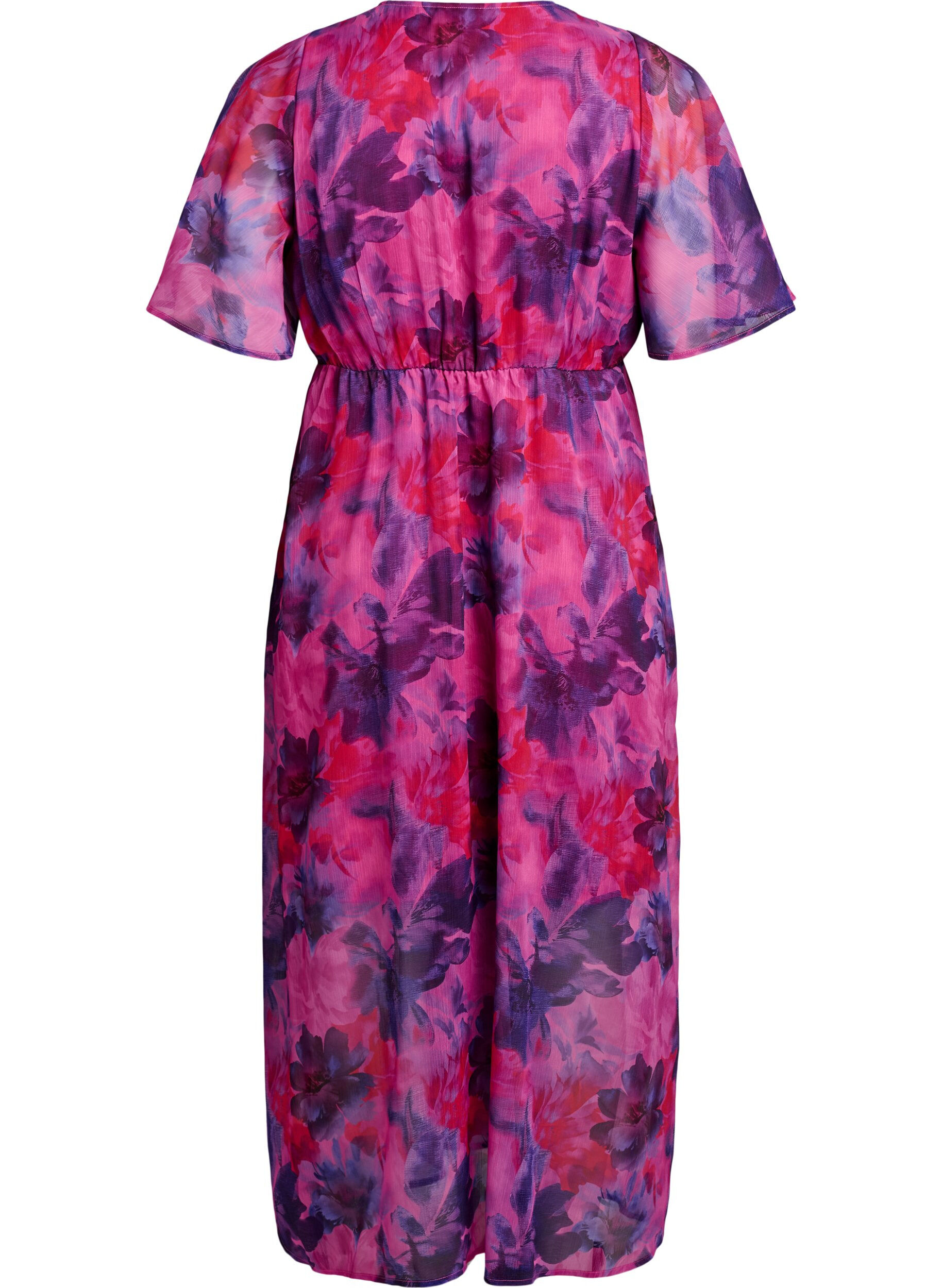 Zizzi Robe longue en chiffon imprim&eacute; floral et manches courtes, Rouge, Packshot image number 1
