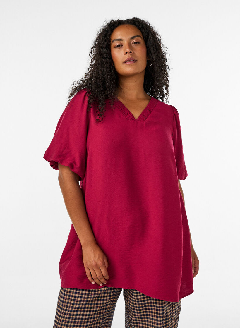 Tunika mit Ballon&auml;rmeln und V-Ausschnitt, Rot, Model image number 0