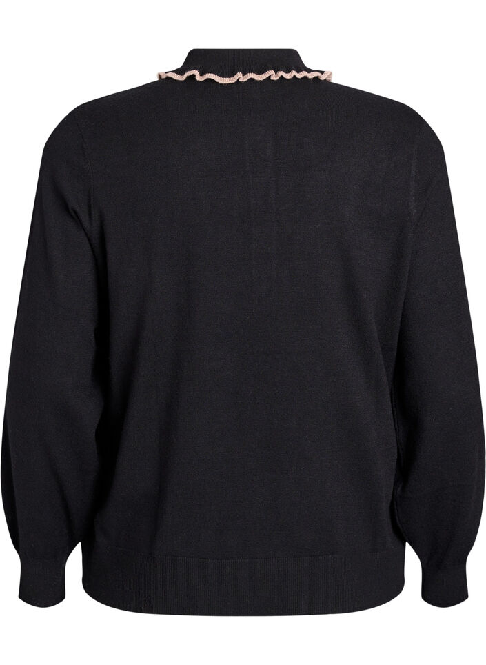 Blouse en maille avec un col polo à volants, Noir, Packshot image number 1