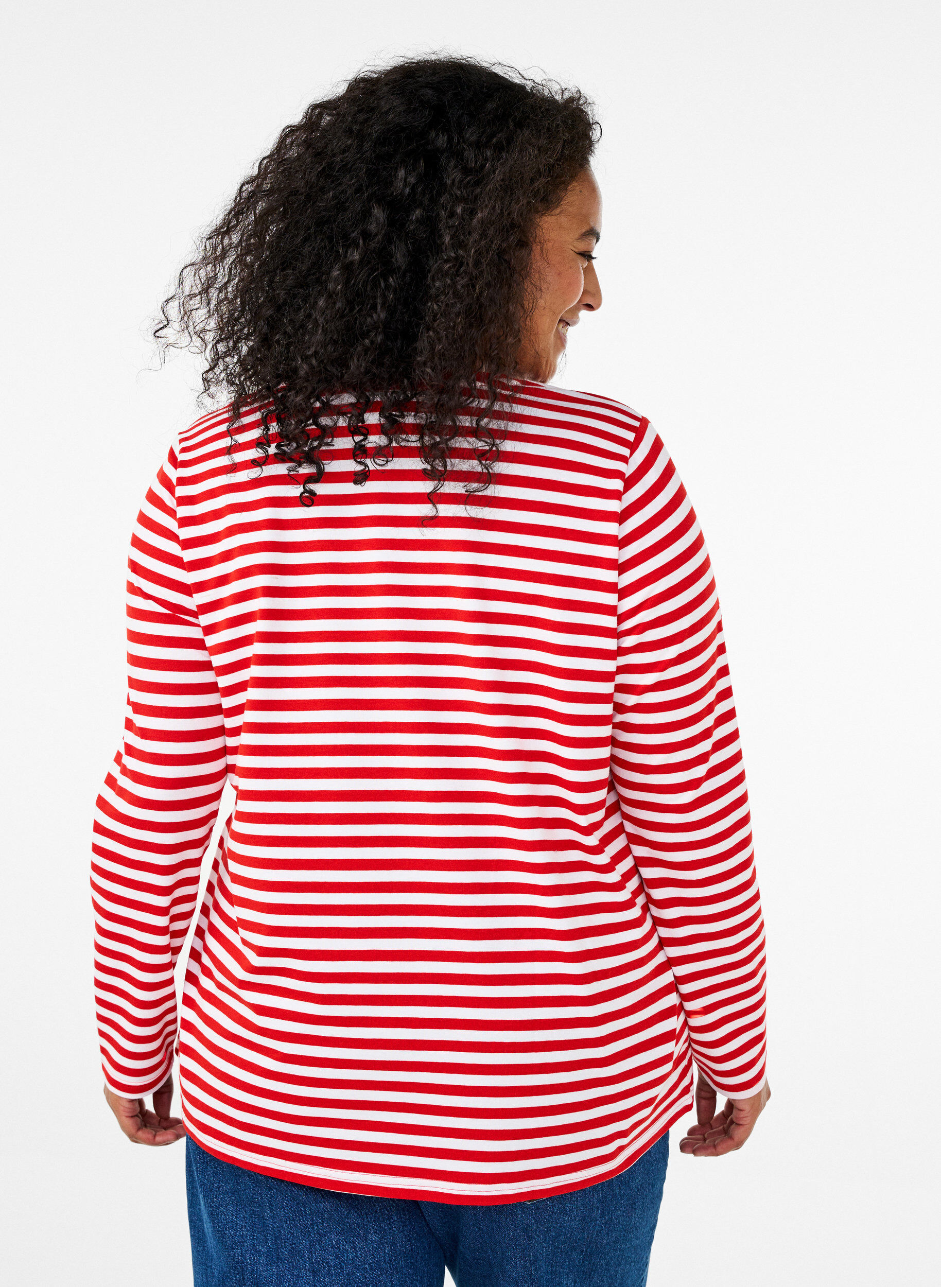 Zizzi Gestreifte Bluse mit Motiv, Whitew.FlameS.Stripe, Model image number 1