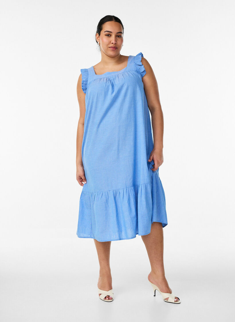 Robe midi en coton avec volants, Bleu Clair, Model image number 0