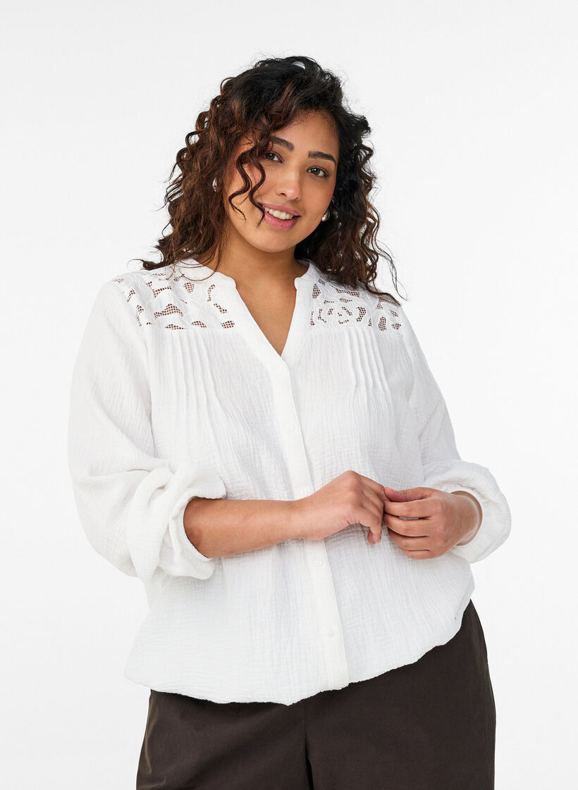 Blouse en mousseline de coton avec d&eacute;tails brod&eacute;s, Blanc, Model image number 0